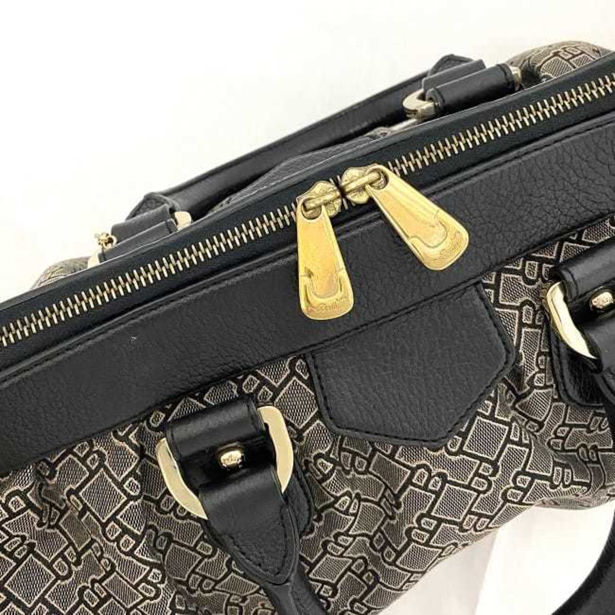 Bally Black Brown Gray Canvas Leather Boston Bag Handbag (Pre-Owned)