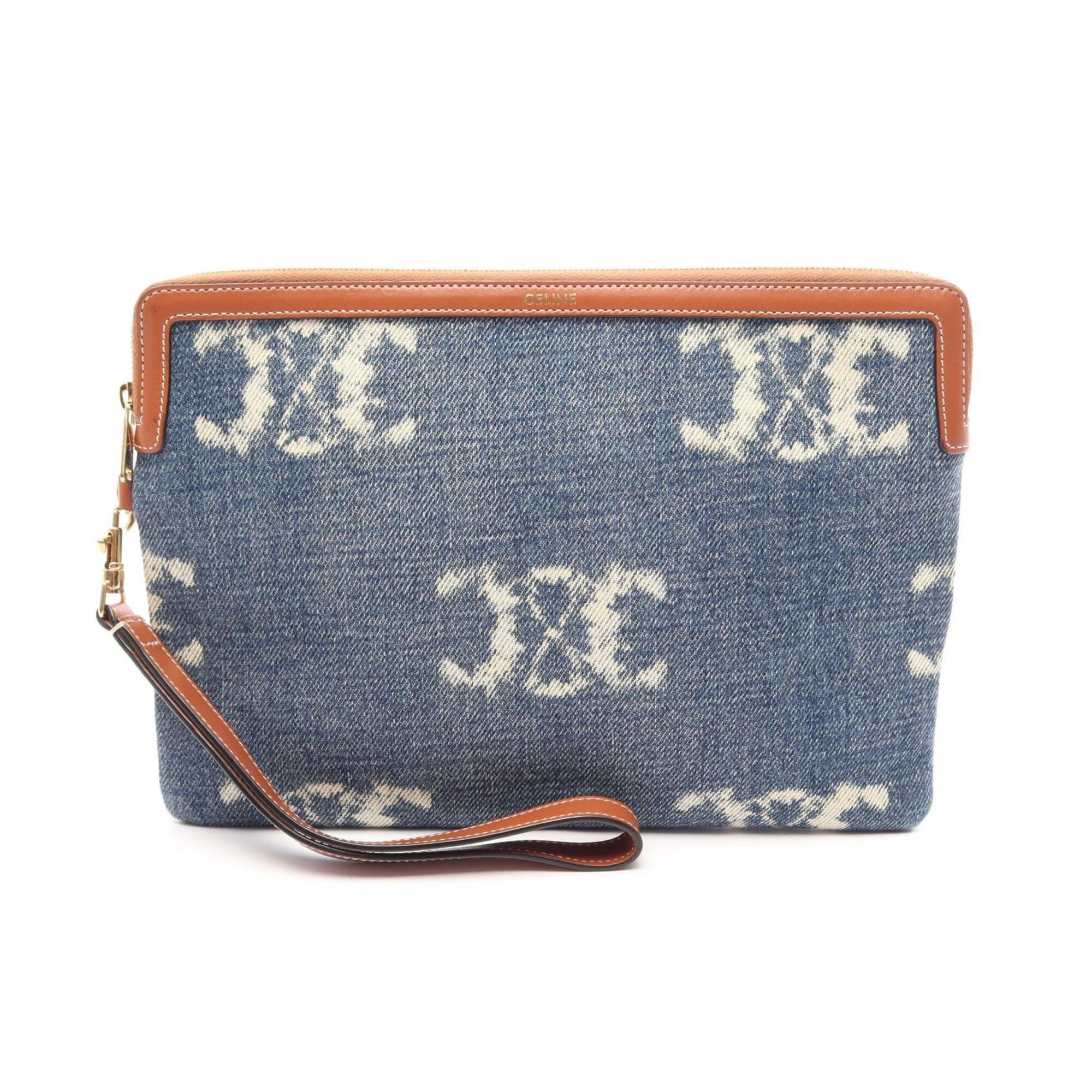 Celine Brown Navy Denim Leather Clutch Bag Handbag (Pre-Owned)