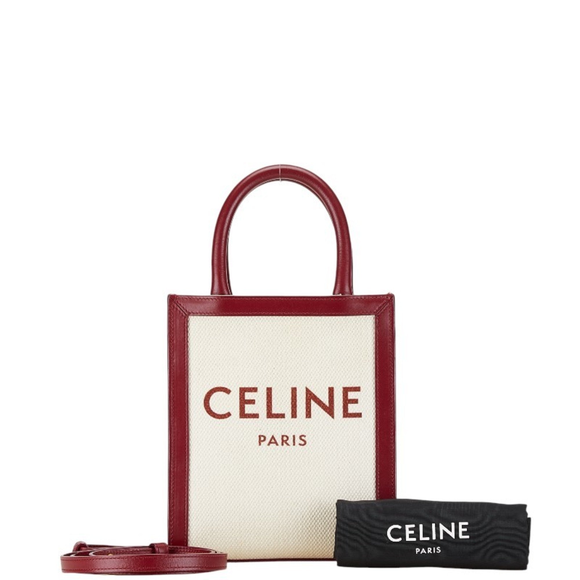 Celine Red Color White Canvas Leather Handbag Shoulder Bag (Pre-Owned)