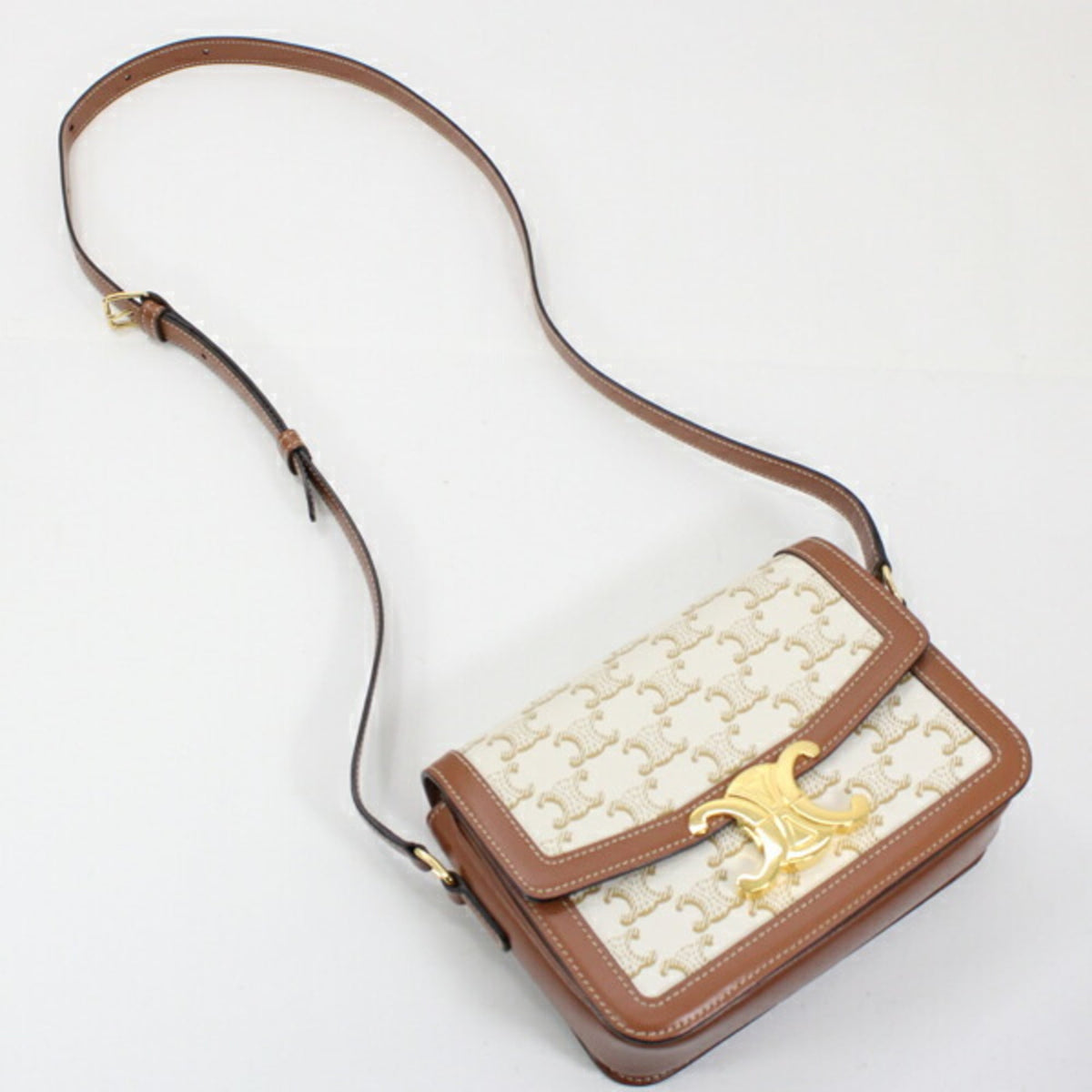 Celine Brown White Canvas Leather Shoulder Bag (Pre-Owned)