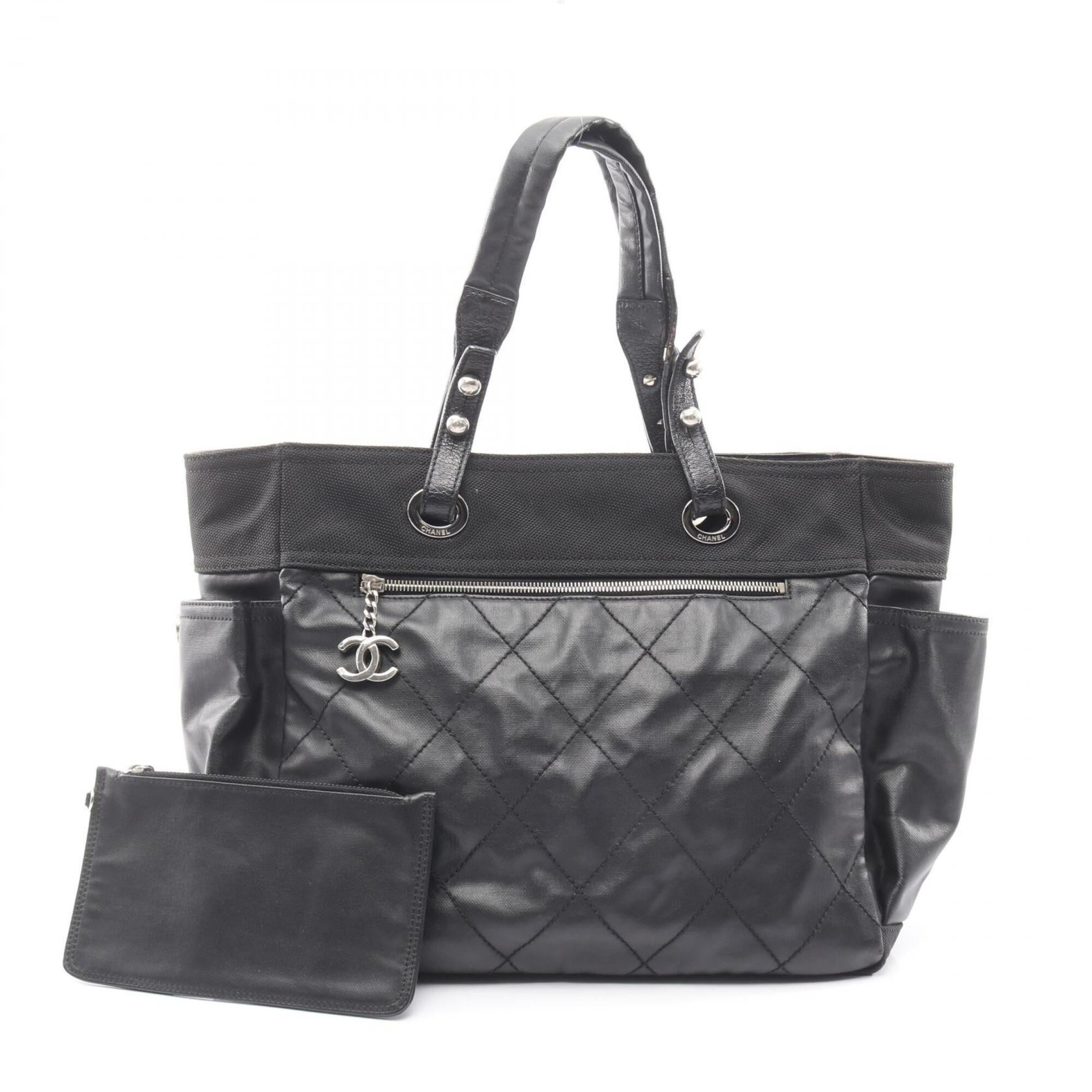 Chanel Black Coated Canvas Leather Handbag Tote Bag (Pre-Owned)