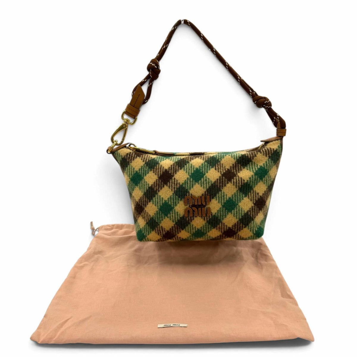 Miu Miu Brown Green Wool Cotton Leather Handbag Pouch (Pre-Owned)