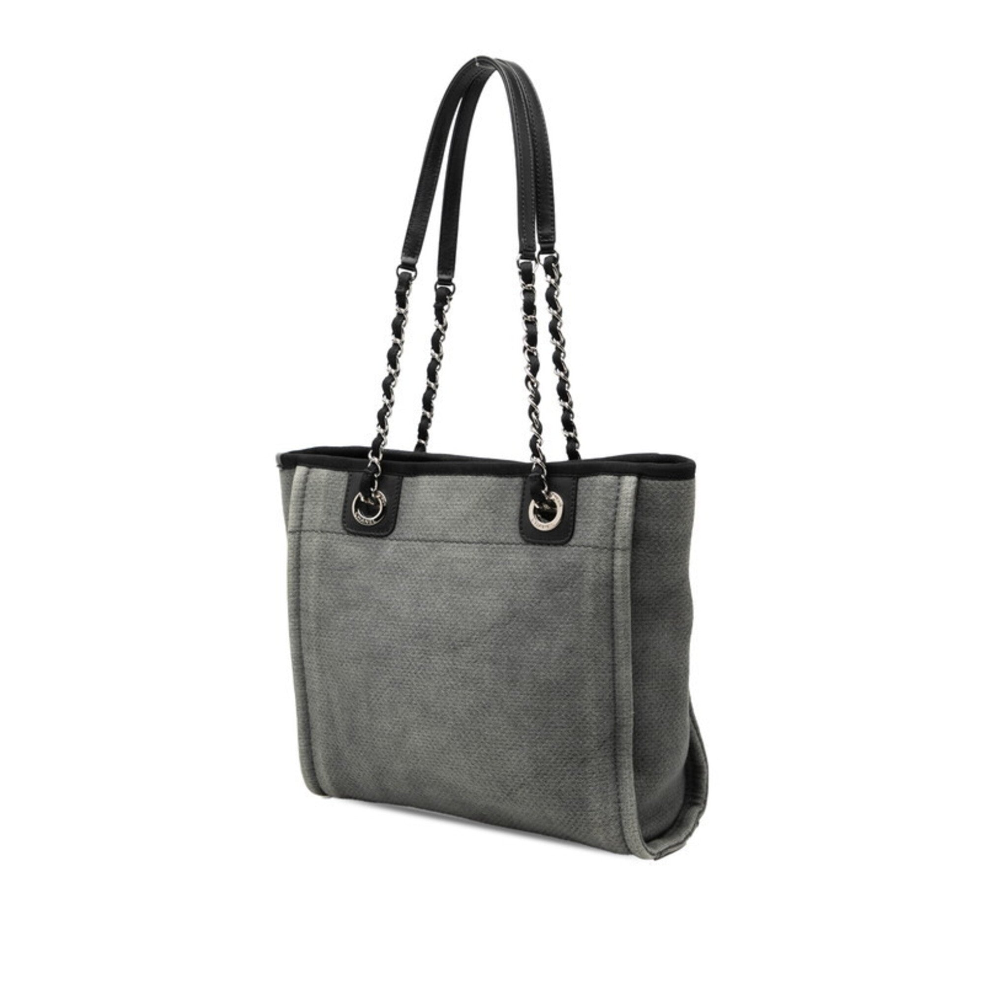 Chanel Black Gray Canvas Leather Shoulder Bag Tote Bag (Pre-Owned)
