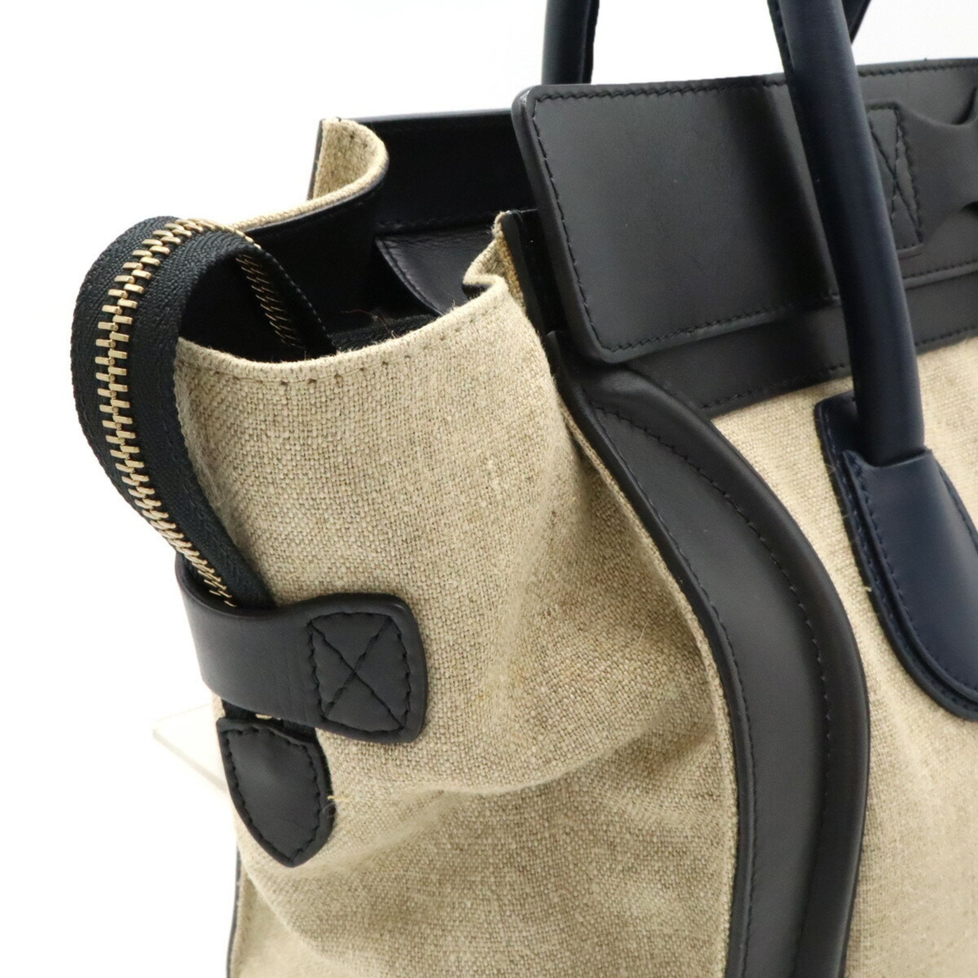 Celine Beige Black Navy Linen Leather Handbag Tote Bag (Pre-Owned)