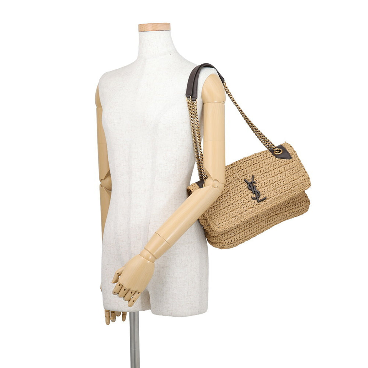 Yves Saint Laurent Beige Brown Raffia Leather Handbag Shoulder Bag (Pre-Owned)