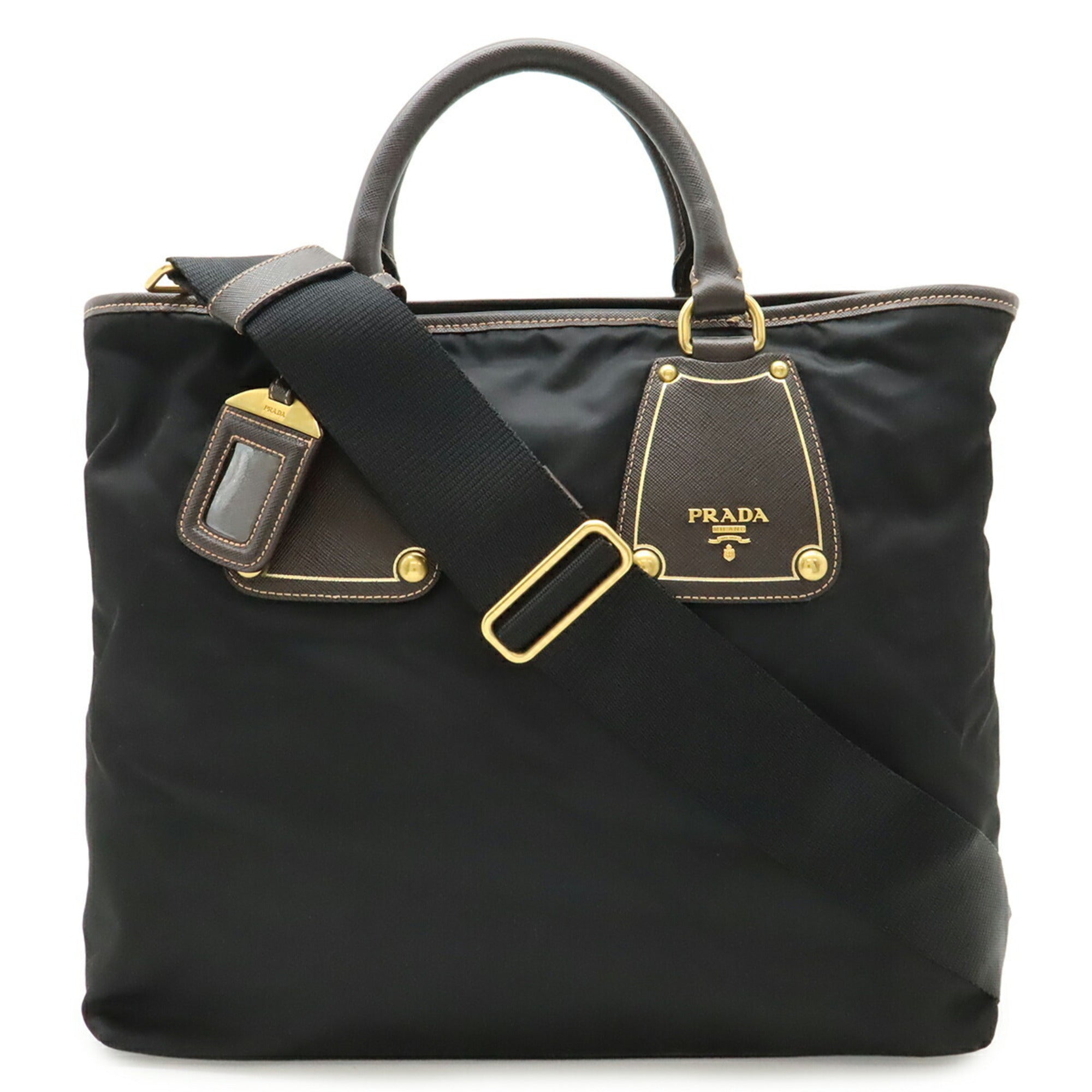 Prada Black Dark Brown Nero Nylon Leather Shoulder Bag Tote Bag (Pre-Owned)
