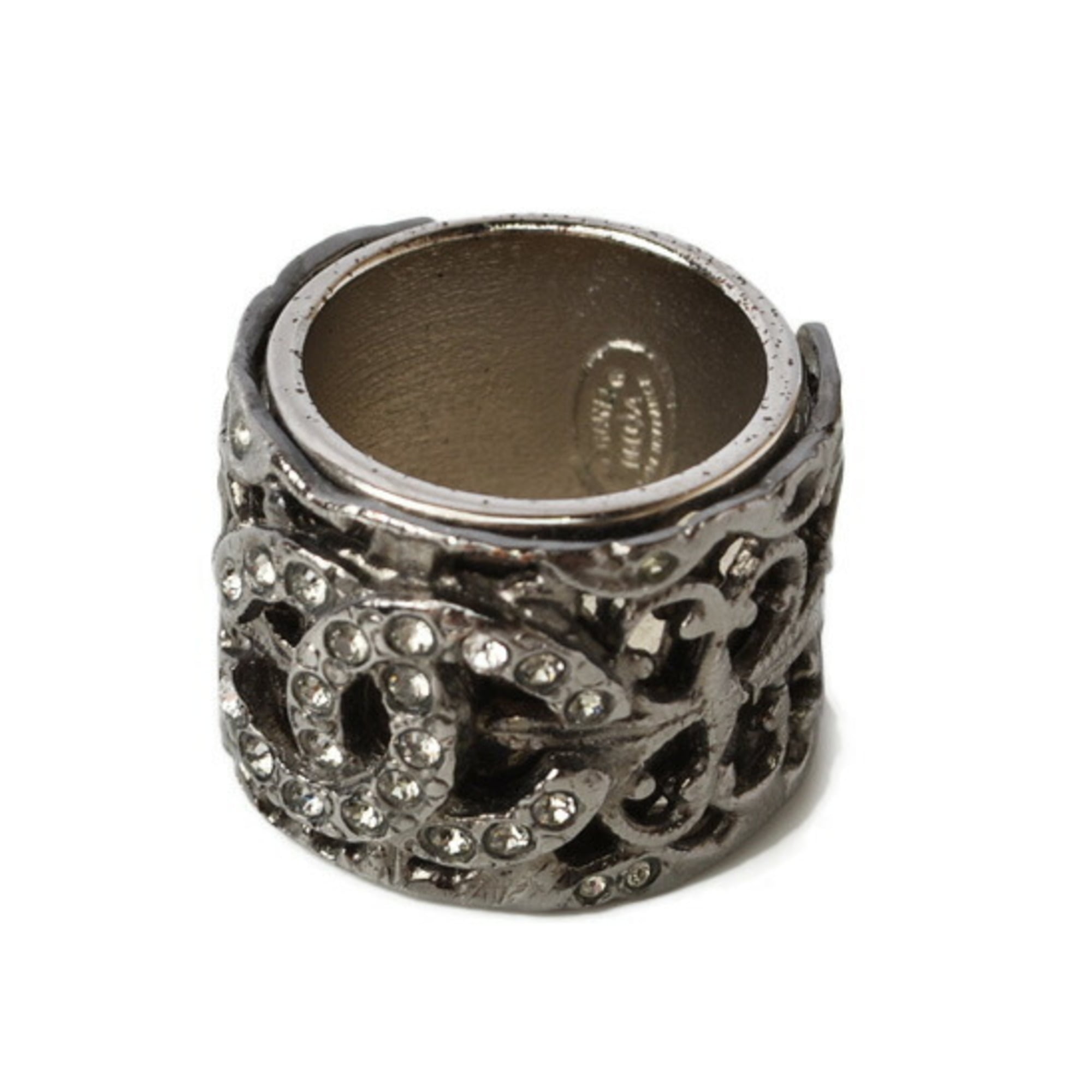 Chanel Gunmetal Metal Rhinestone Band Ring (Pre-Owned)