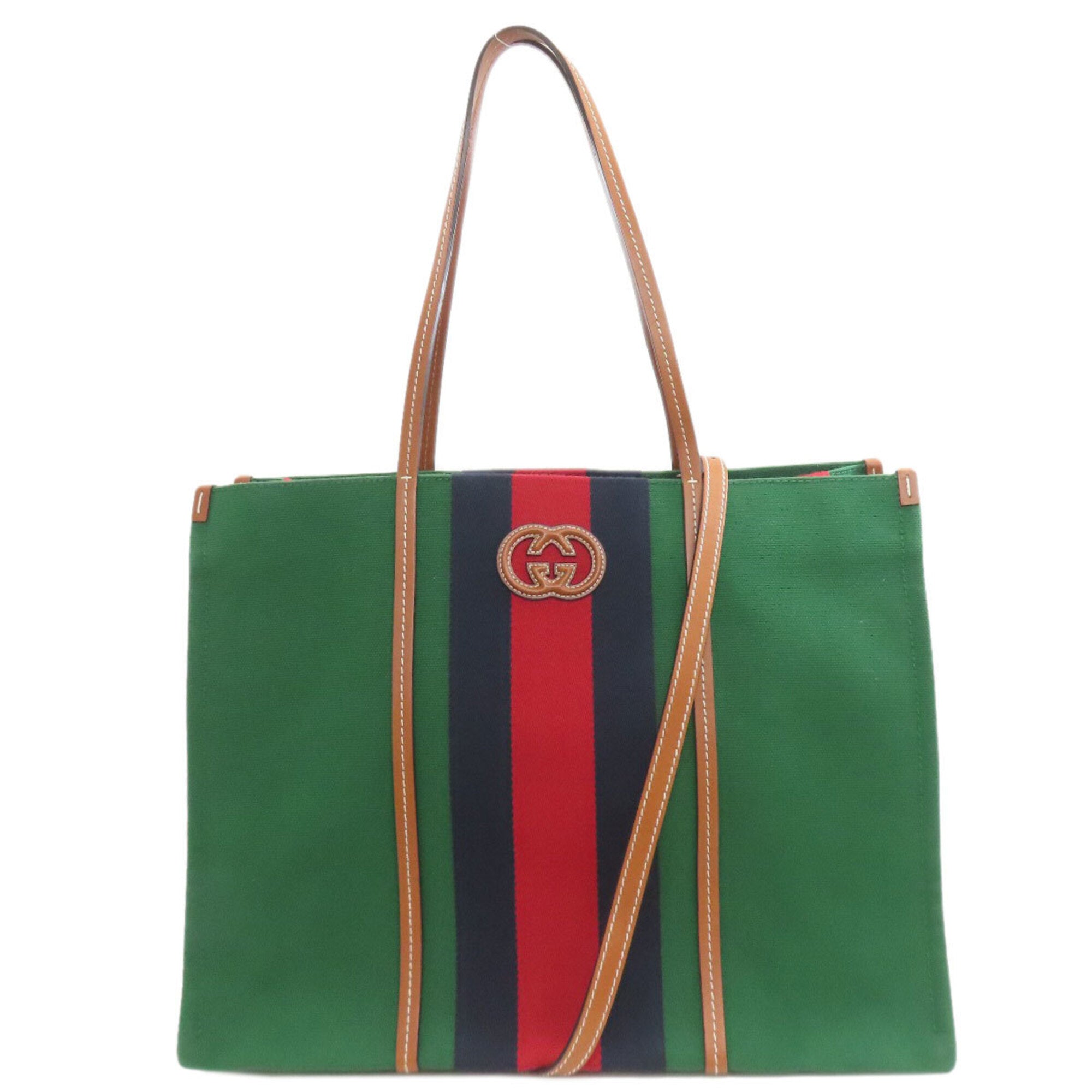 Gucci Brown Green Red Color Canvas Tote Bag (Pre-Owned)