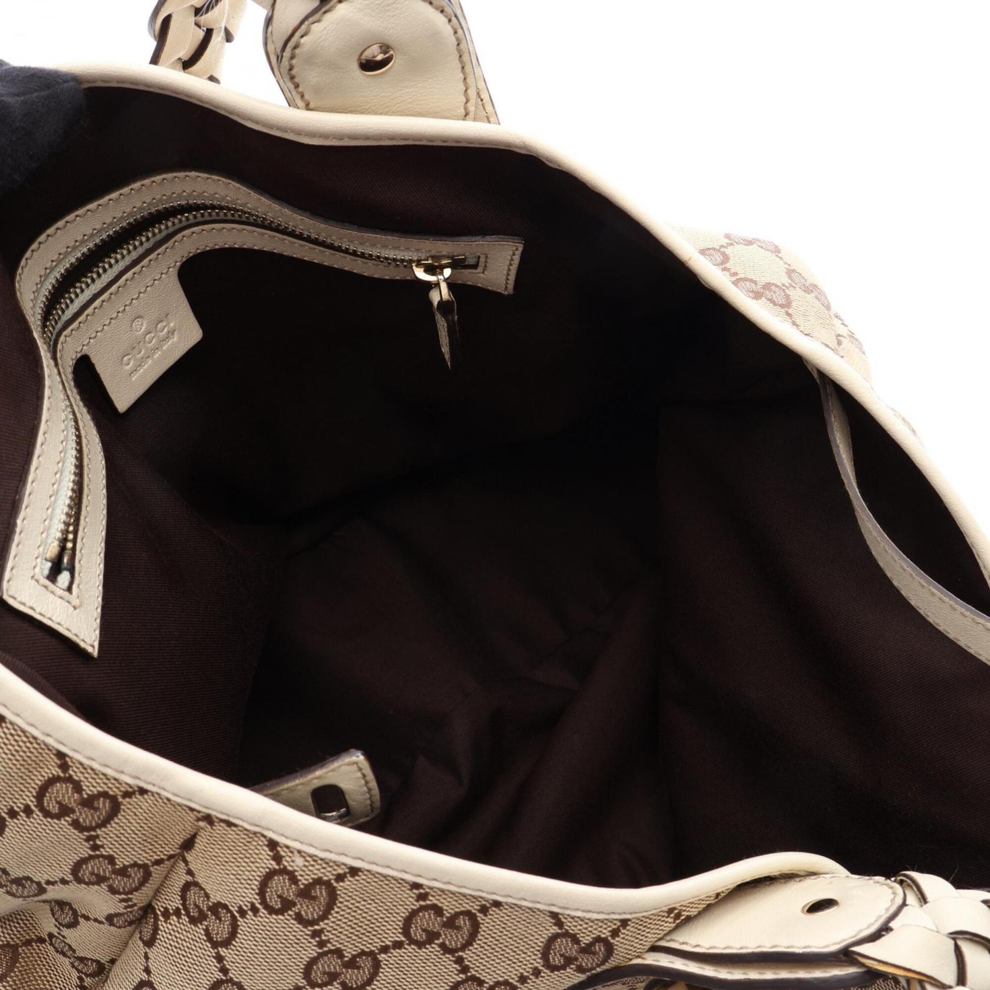 Gucci Beige White Canvas Leather Handbag Shoulder Bag (Pre-Owned)