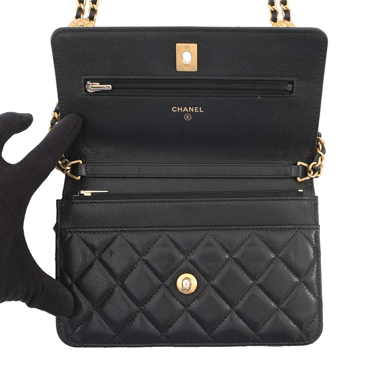 Chanel Black Grained Calfskin Chain/Shoulder Wallet (Pre-Owned)