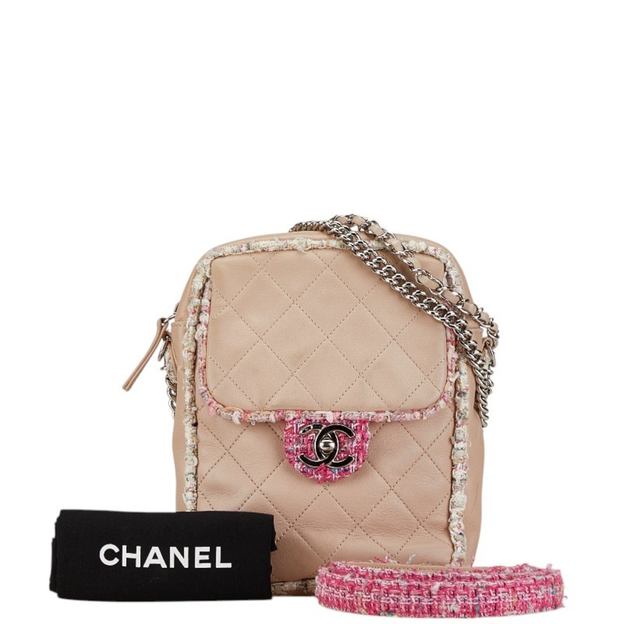 Chanel Pink Tweed Leather Handbag Shoulder Bag (Pre-Owned)