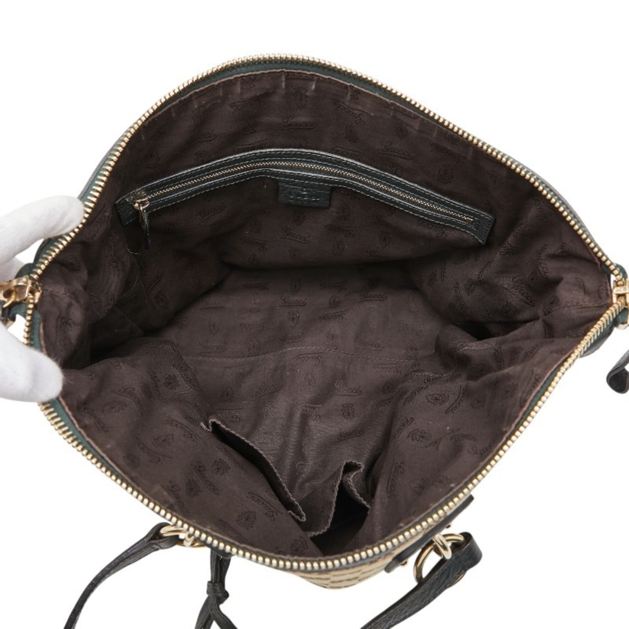 Gucci Beige Black Green Canvas Leather Shoulder Bag Tote Bag (Pre-Owned)