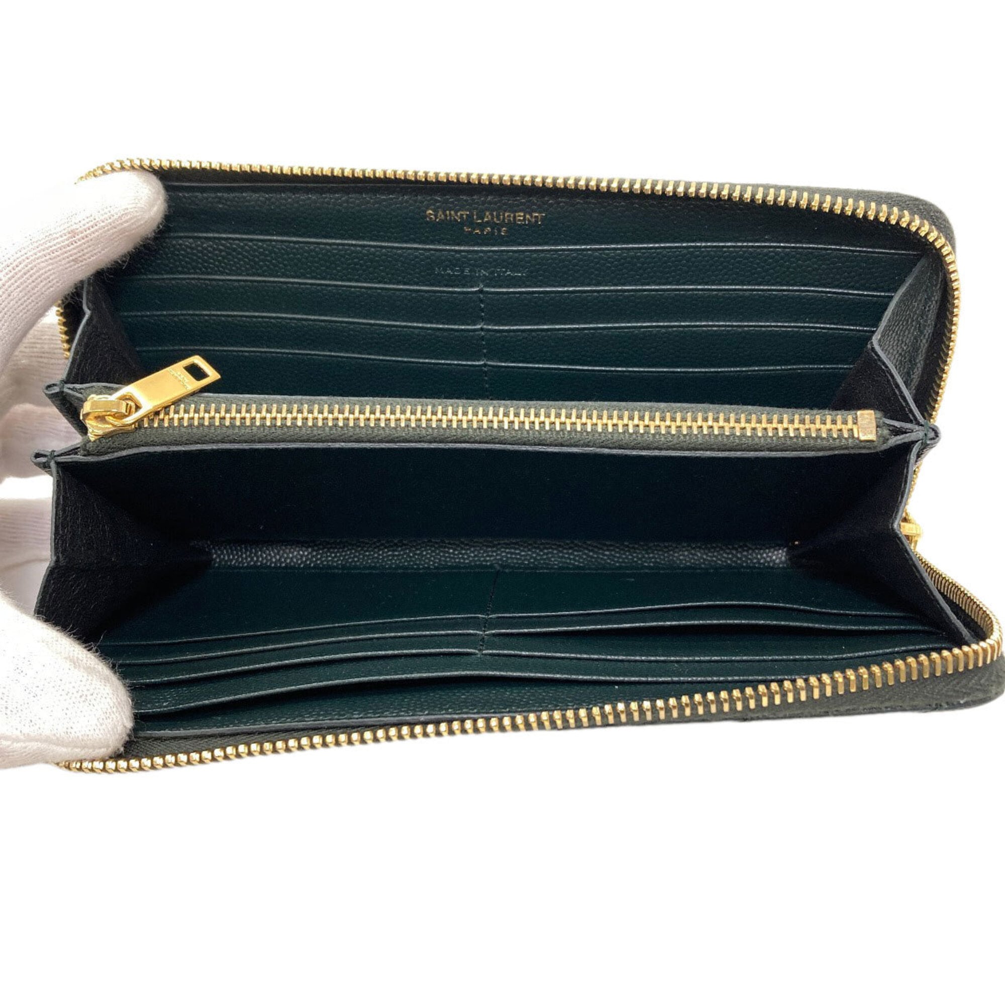 Saint Laurent Dark Green Leather Long Wallet (Bi-Fold) (Pre-Owned)