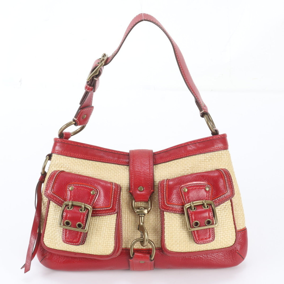 Coach Beige Red Color Leather Handbag Shoulder Bag Tote Bag (Pre-Owned)