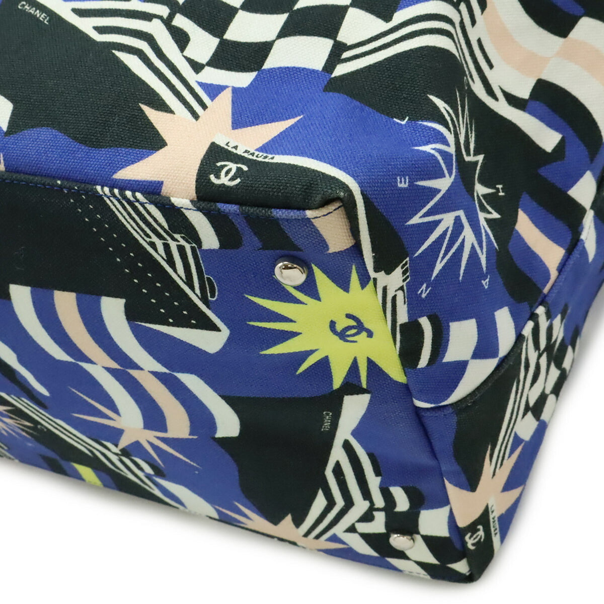 Chanel Black Blue Multi-Color Canvas Shoulder Bag Tote Bag (Pre-Owned)