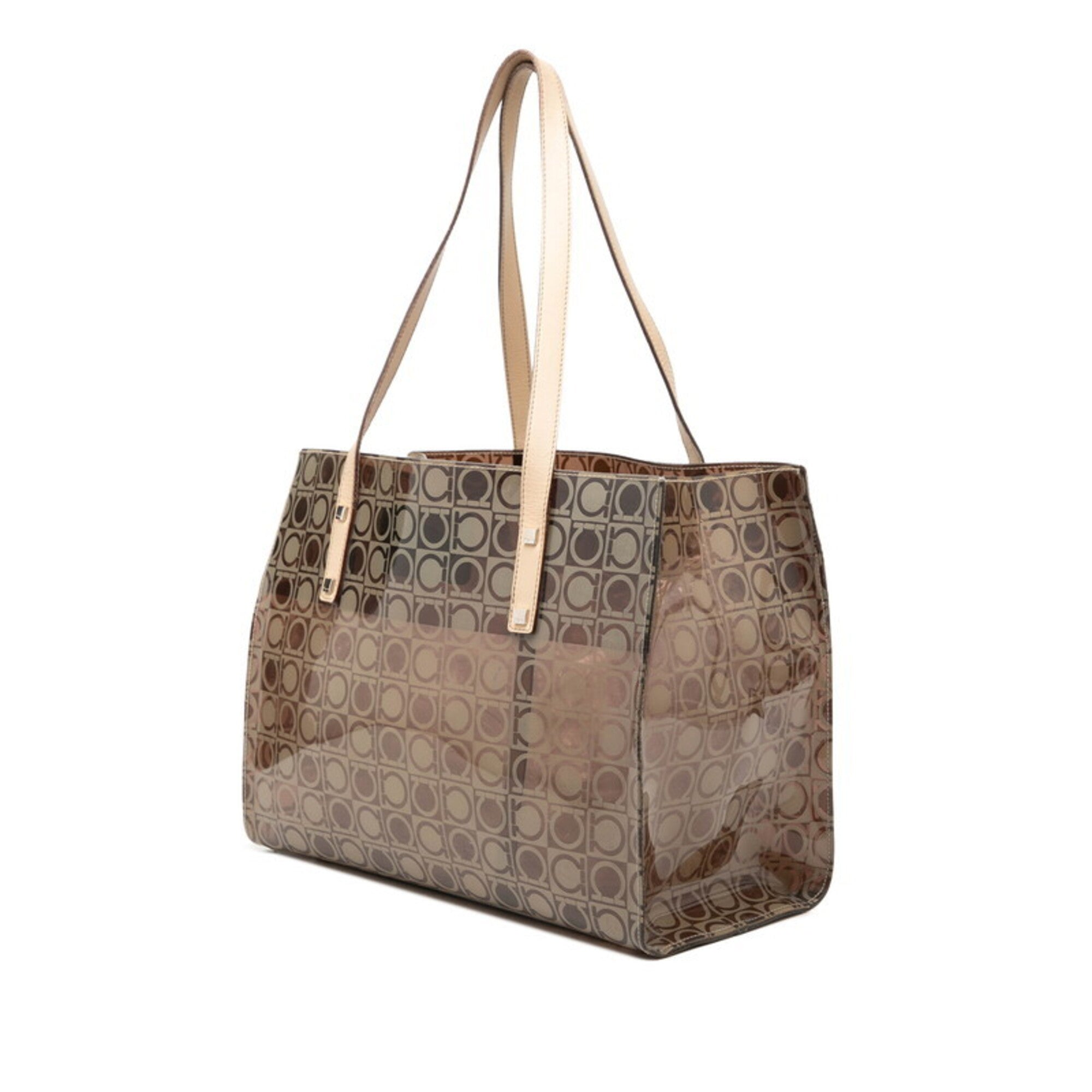 Salvatore Ferragamo Beige Brown Vinyl Leather Shoulder Bag Tote Bag (Pre-Owned)
