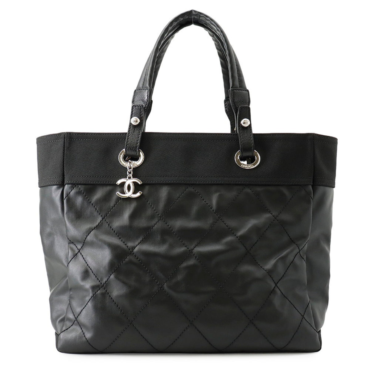 Chanel Black Leather Canvas Tote Bag (Pre-Owned)