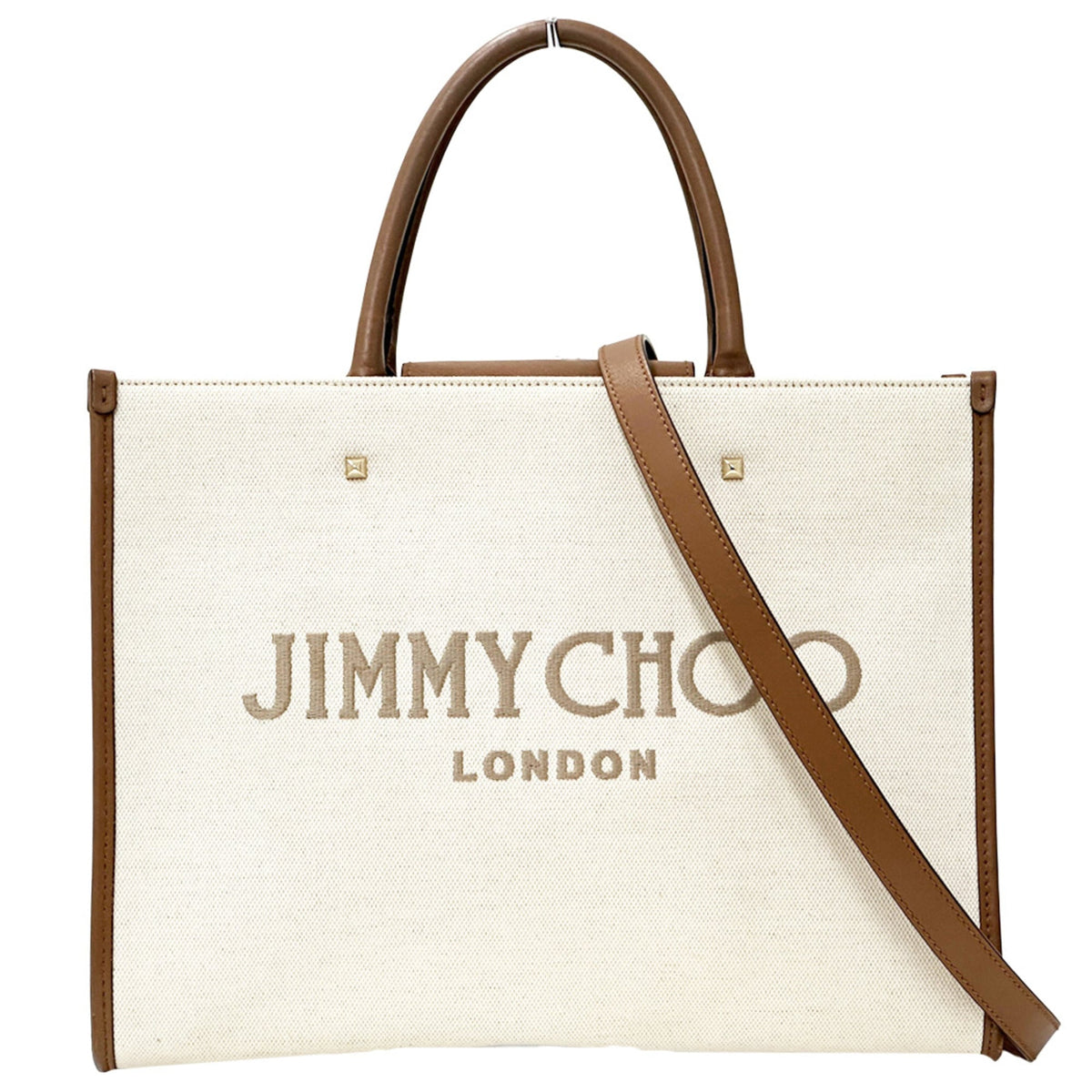 Jimmy Choo Black Brown Ivory Off-White Canvas Handbag Shoulder Bag (Pre-Owned)