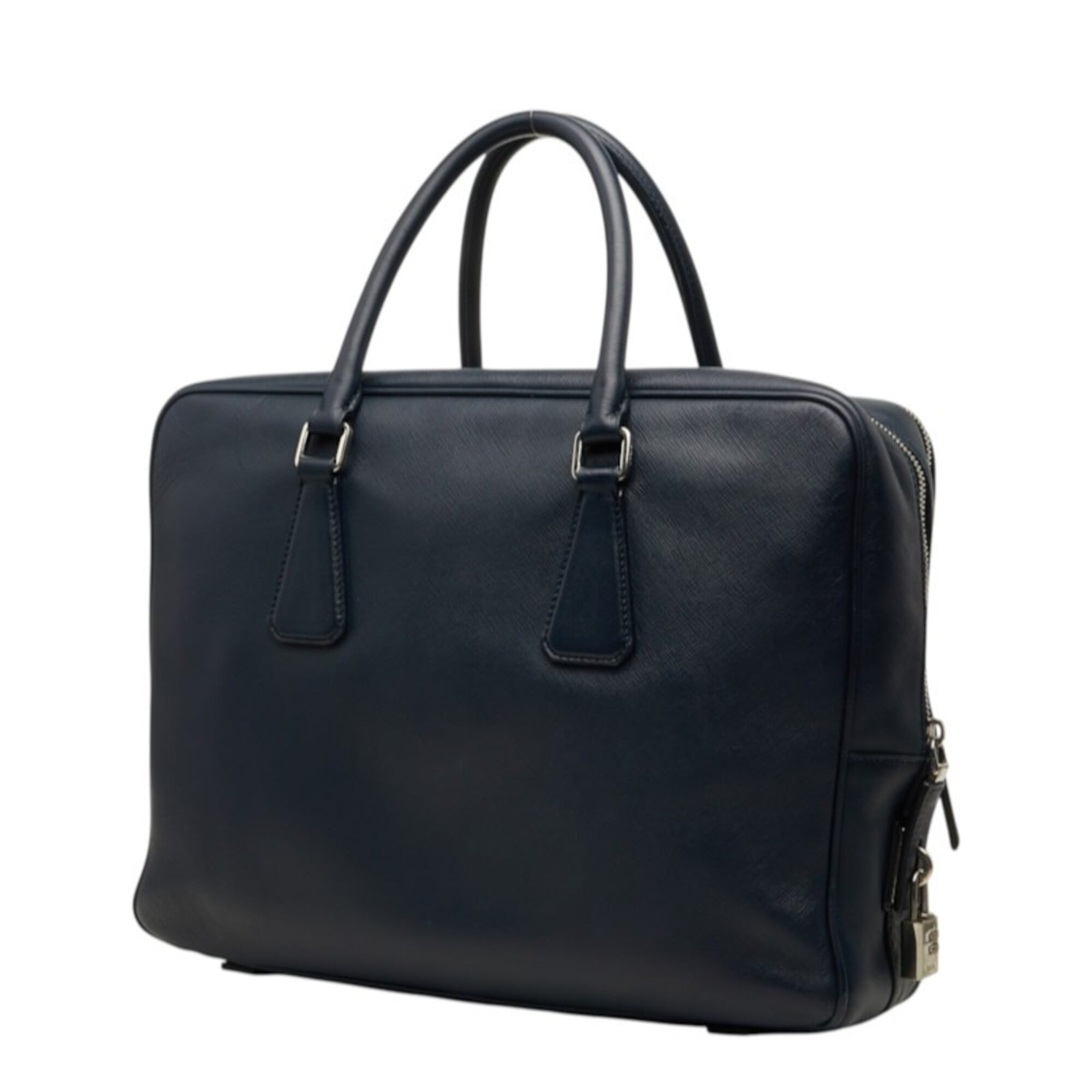 Prada Navy Saffiano Triangle Leather Briefcase (Pre-Owned)