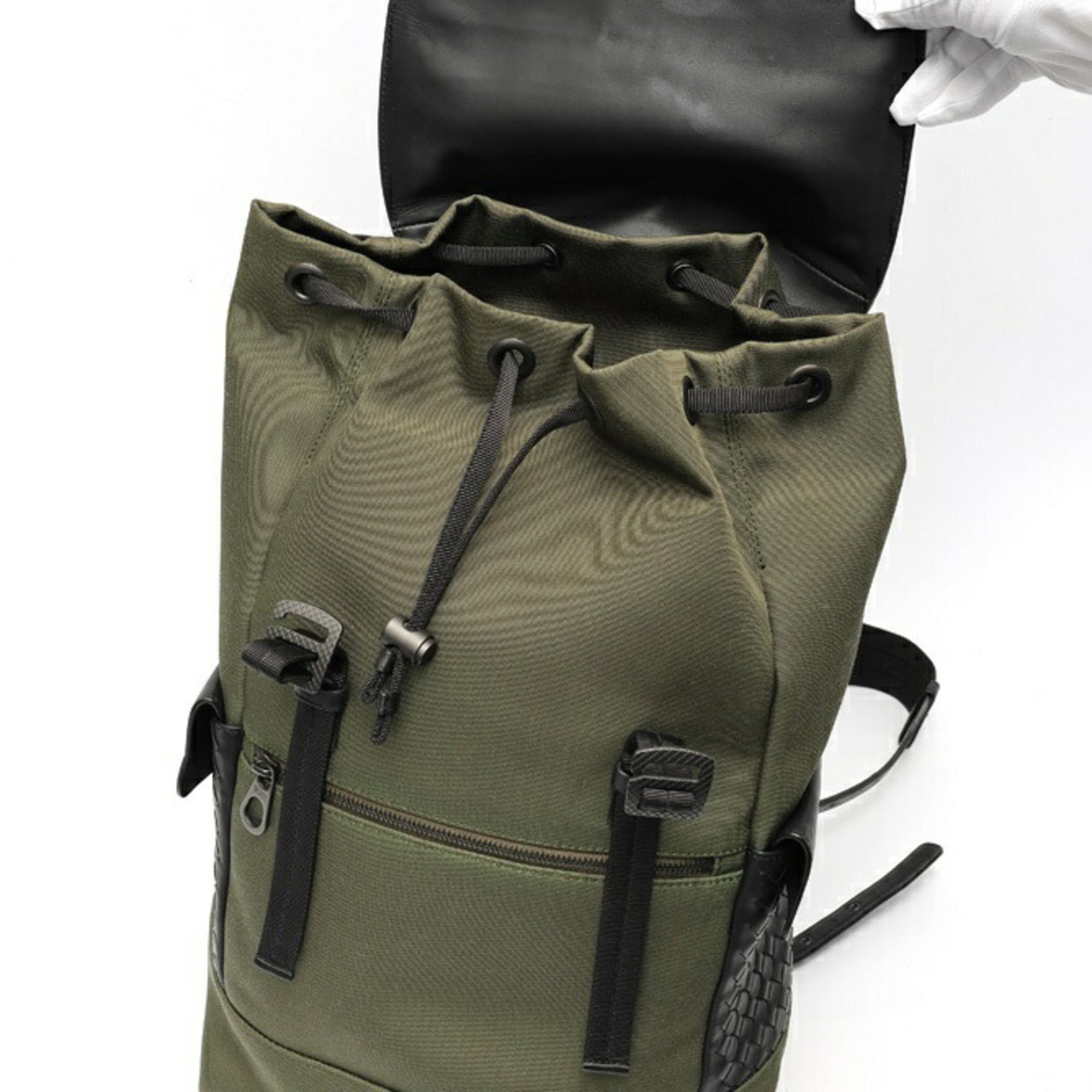 Bottega Veneta Black Khaki Nylon Leather Backpack (Pre-Owned)