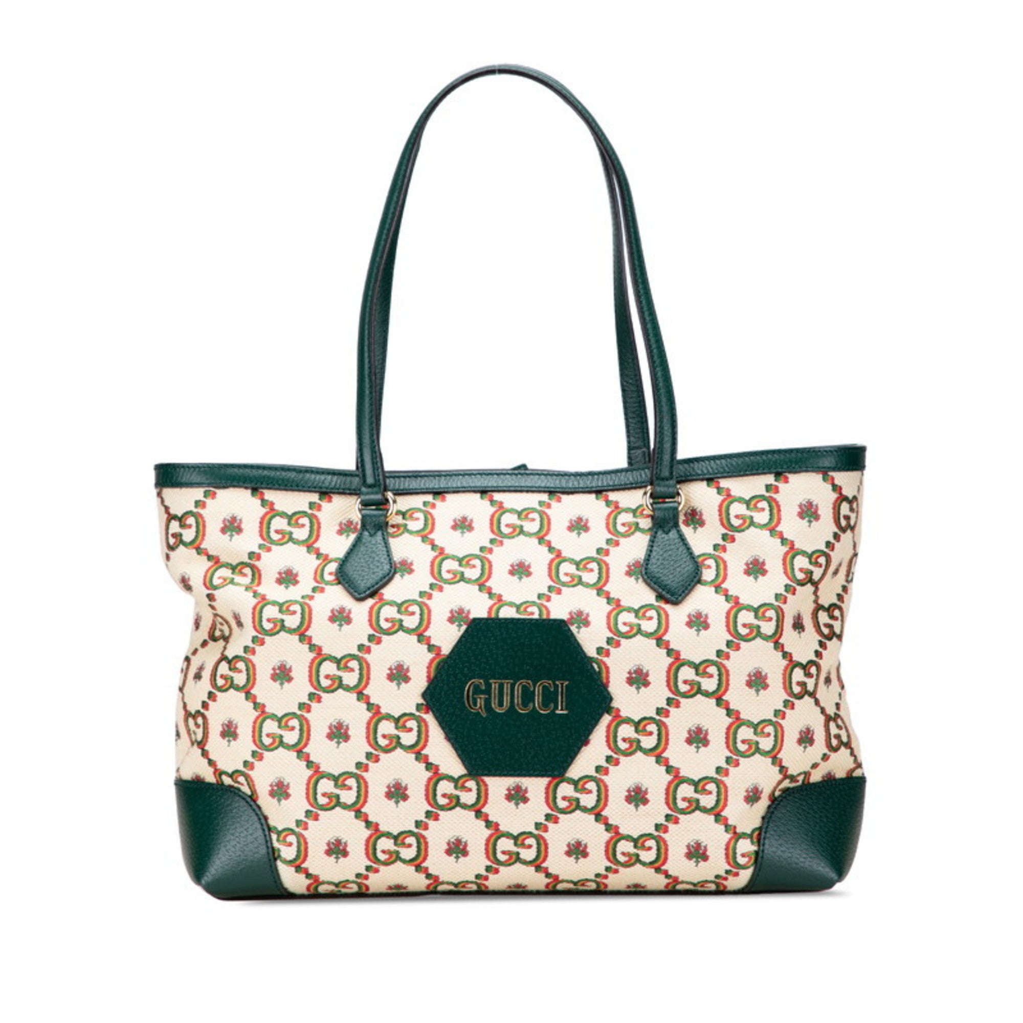Gucci Ophidia Beige Green Multi-Color Canvas Leather Tote Bag (Pre-Owned)