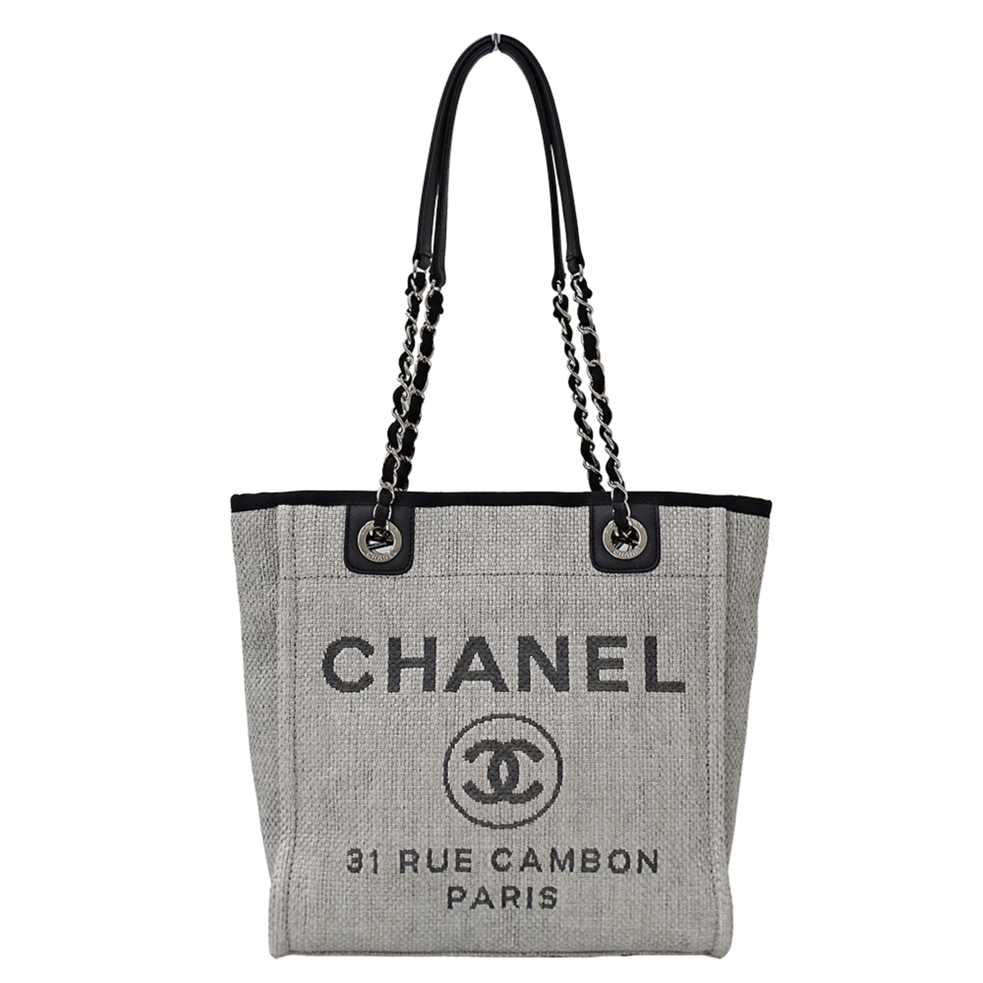 Chanel Gray Raffia Handbag Tote Bag (Pre-Owned)