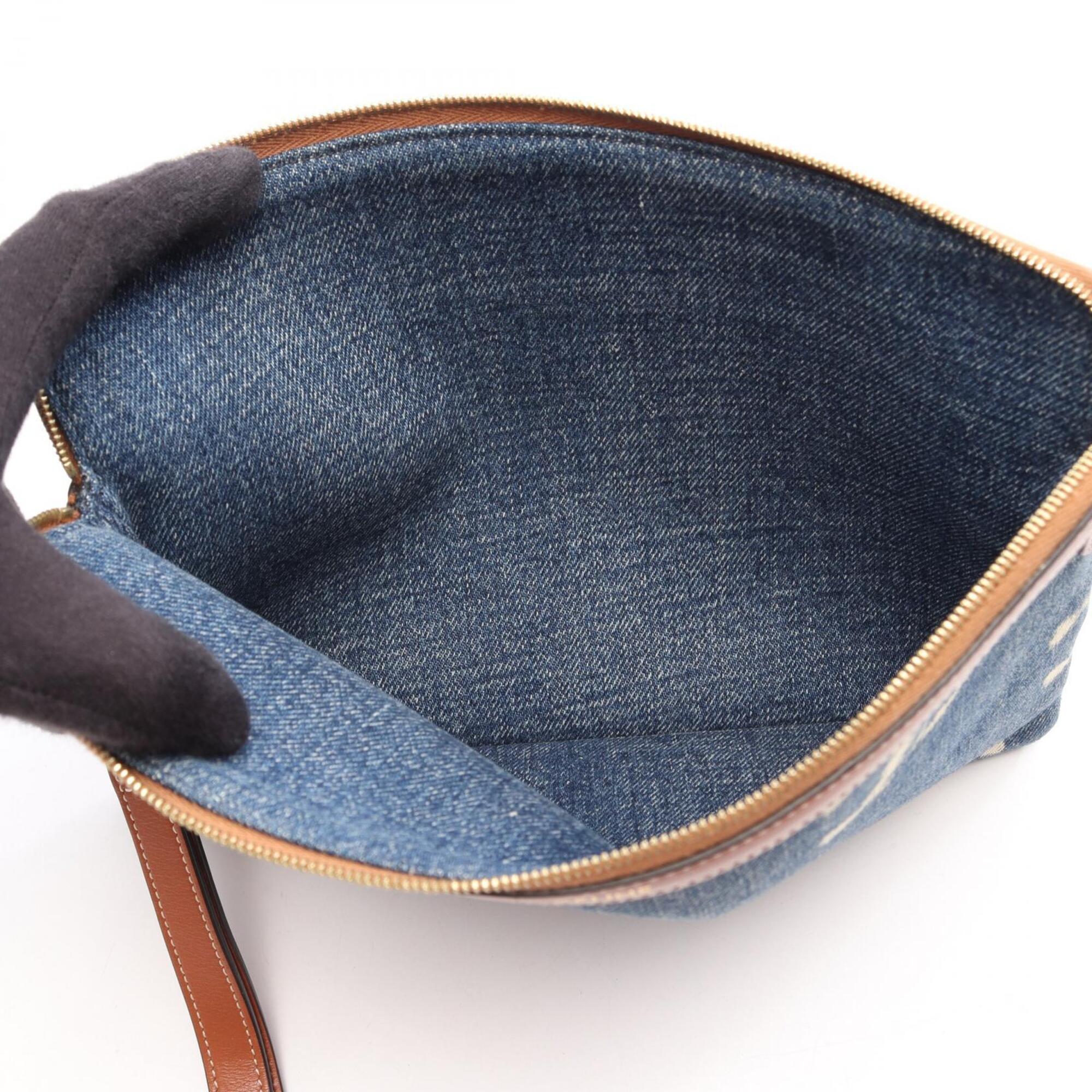 Celine Brown Navy Denim Leather Clutch Bag Handbag (Pre-Owned)