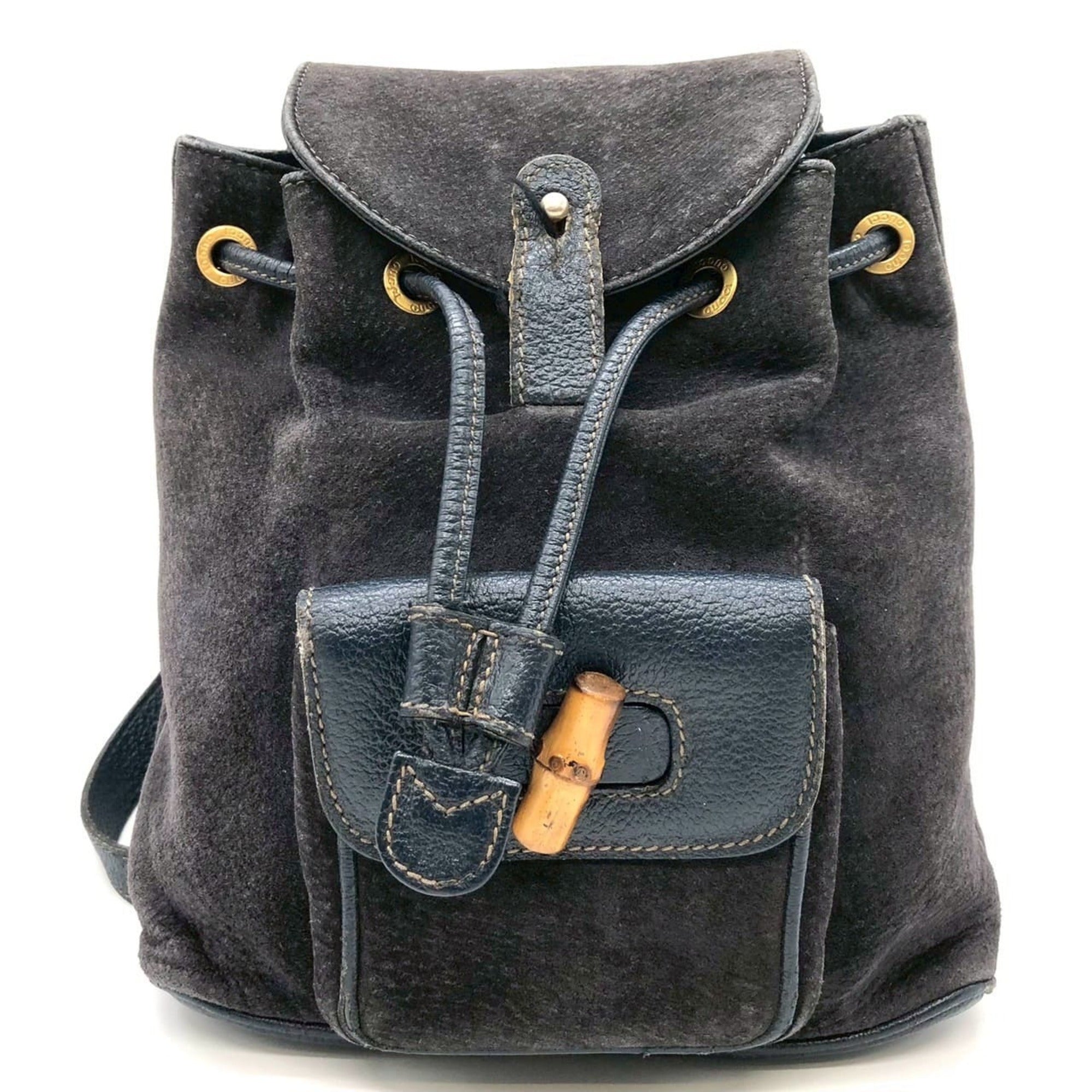 Gucci Navy Bamboo Suede Backpack (Pre-Owned)