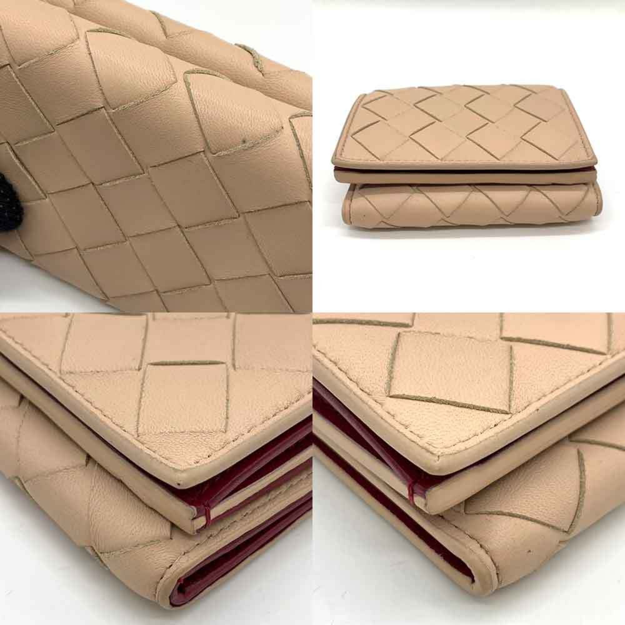 Bottega Veneta Beige Bordeaux Leather Wallet (Tri-Fold) (Pre-Owned)