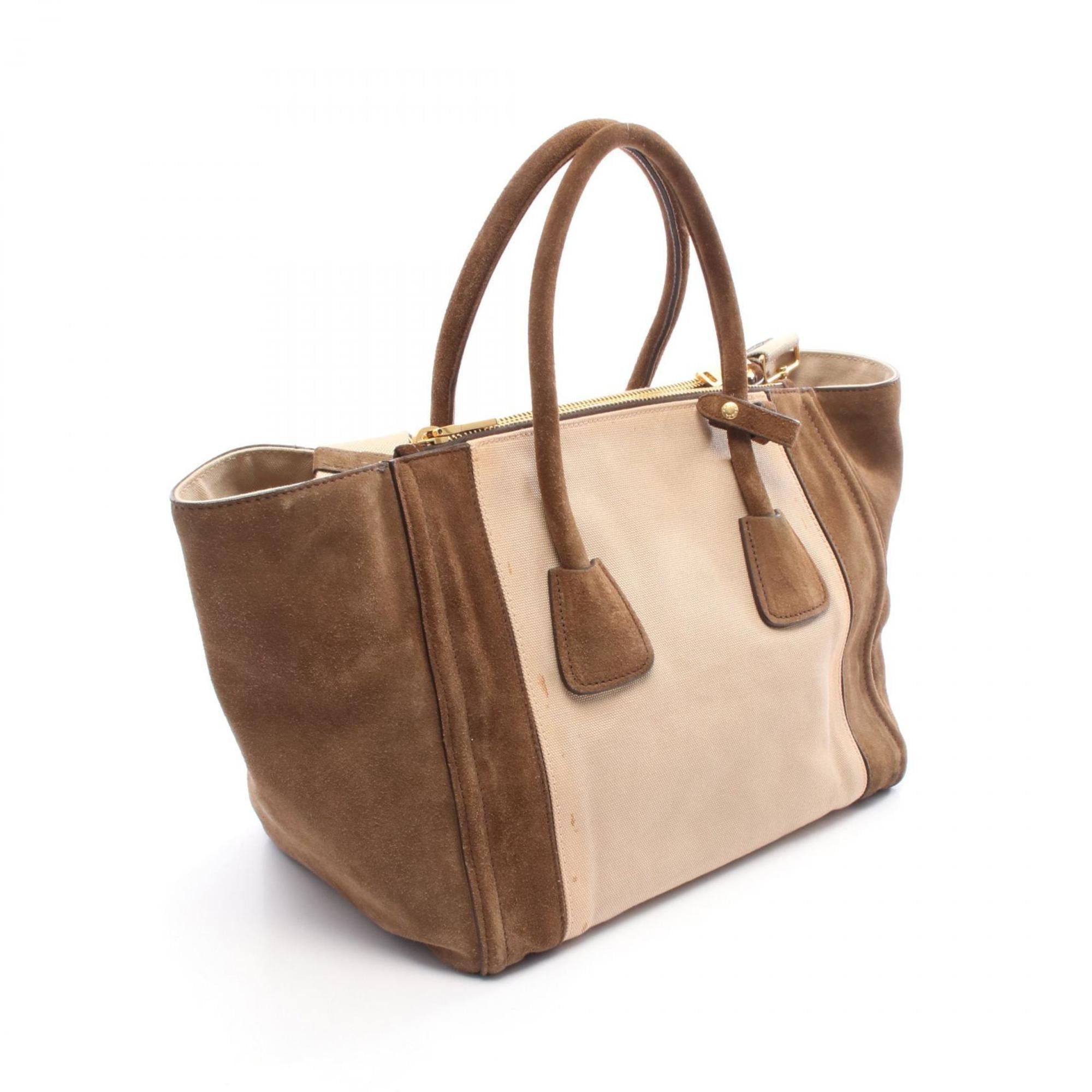 Prada Beige Brown Canvas Suede Handbag (Pre-Owned)