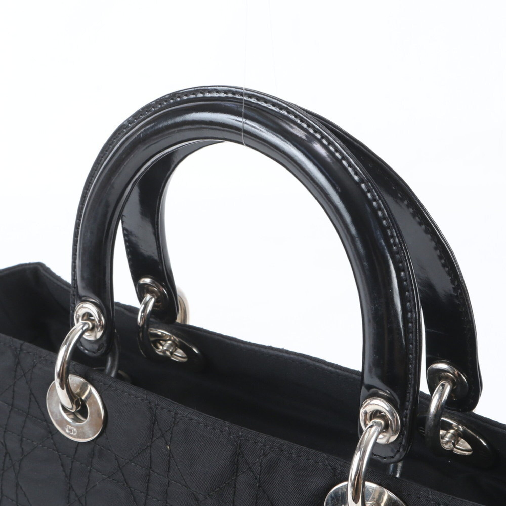 Christian Dior Lady Dior Black Leather Nylon Handbag Shoulder Bag Tote Bag (Pre-Owned)