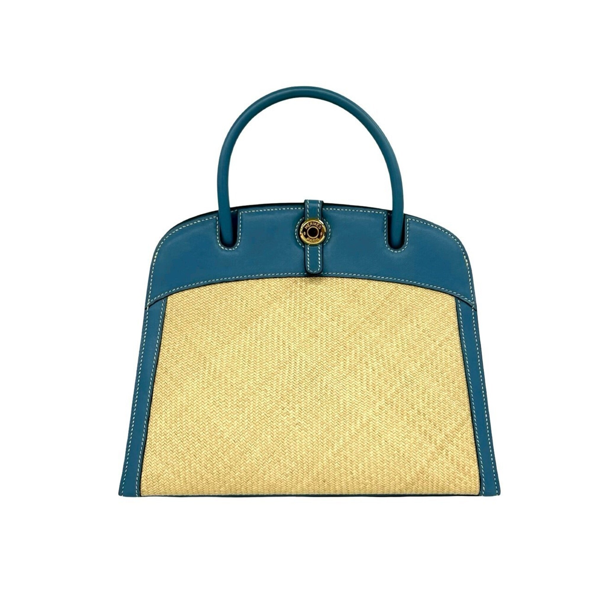 Hermes Beige Blue Leather Handbag Tote Bag (Pre-Owned)