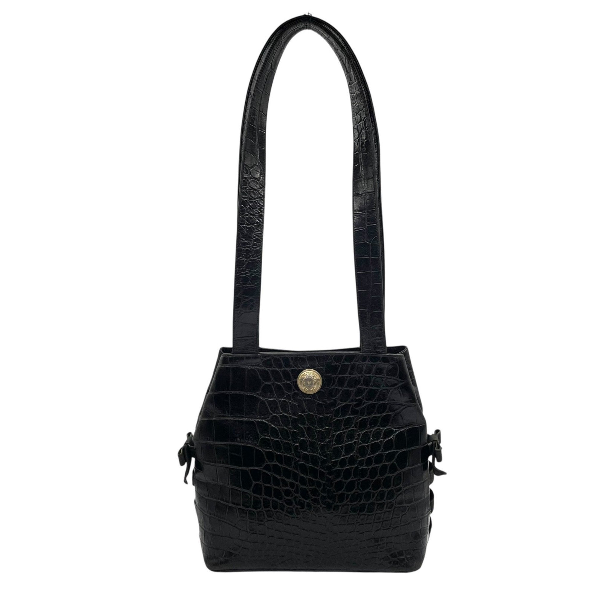 Versace Black Leather Handbag Tote Bag (Pre-Owned)