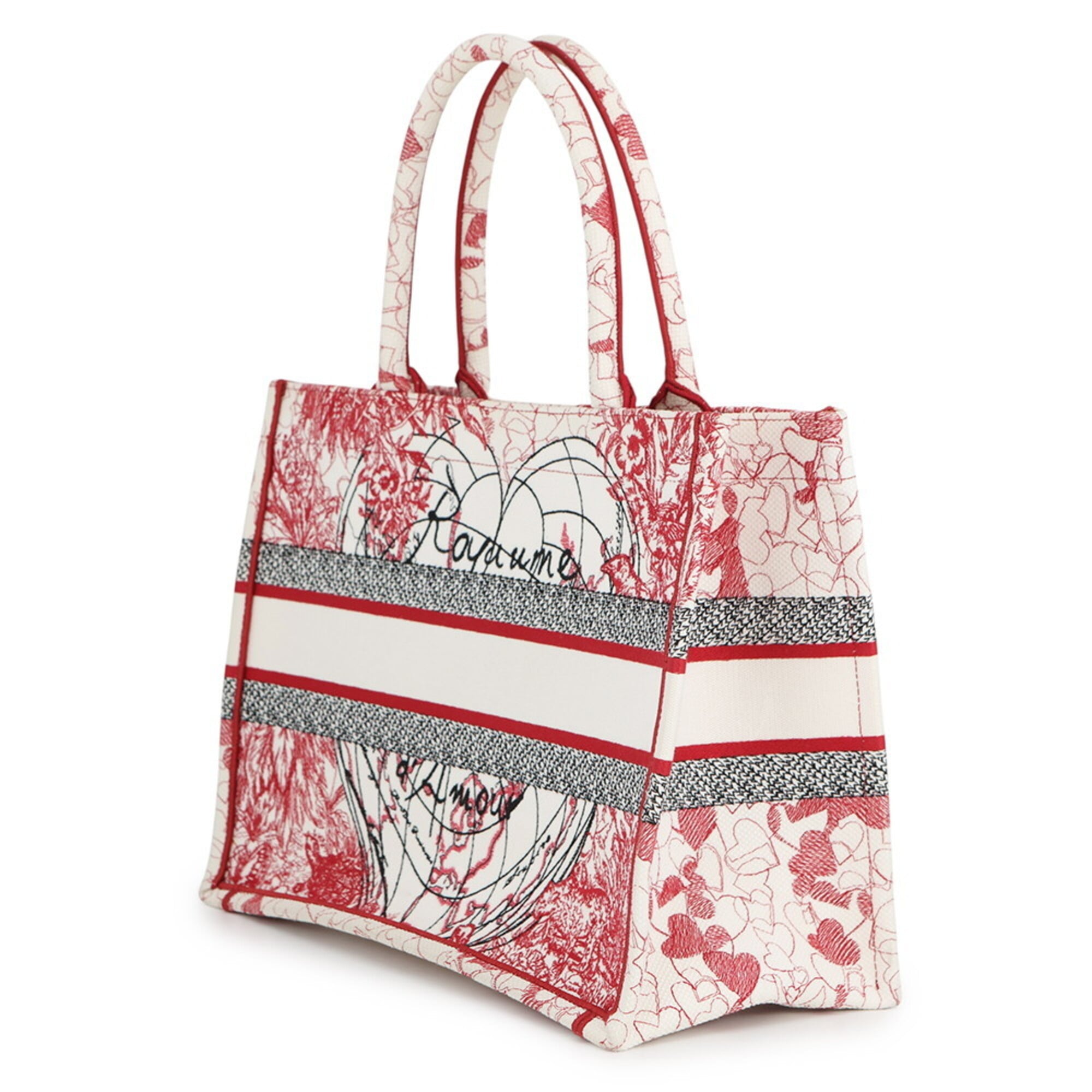 Christian Dior Black Red Color White Canvas Handbag Tote Bag (Pre-Owned)