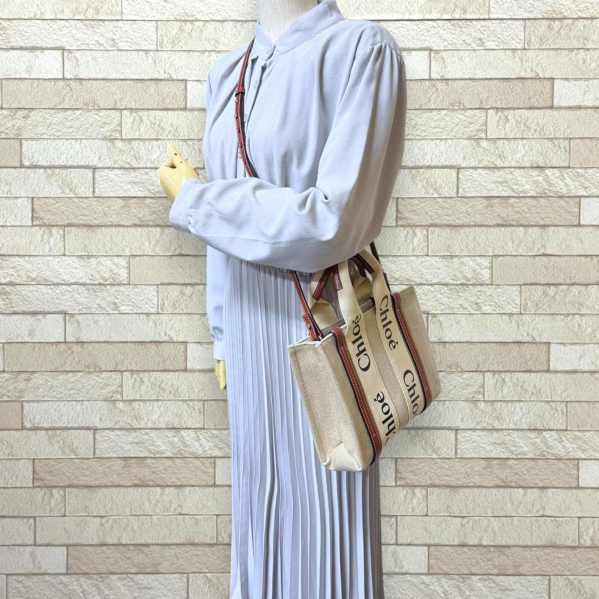 Chloé Beige Brown Linen Leather Shoulder Bag Tote Bag (Pre-Owned)