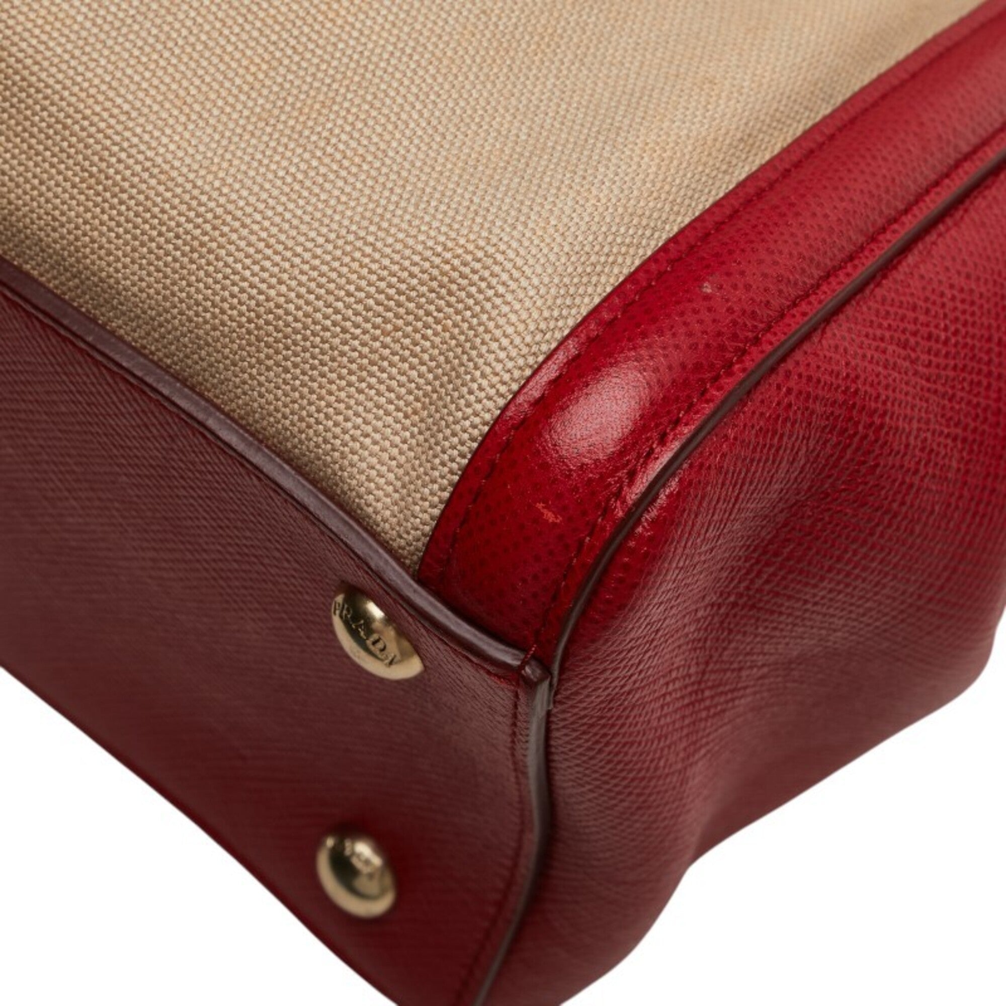 Prada Beige Red Color Canvas Leather Handbag Shoulder Bag (Pre-Owned)