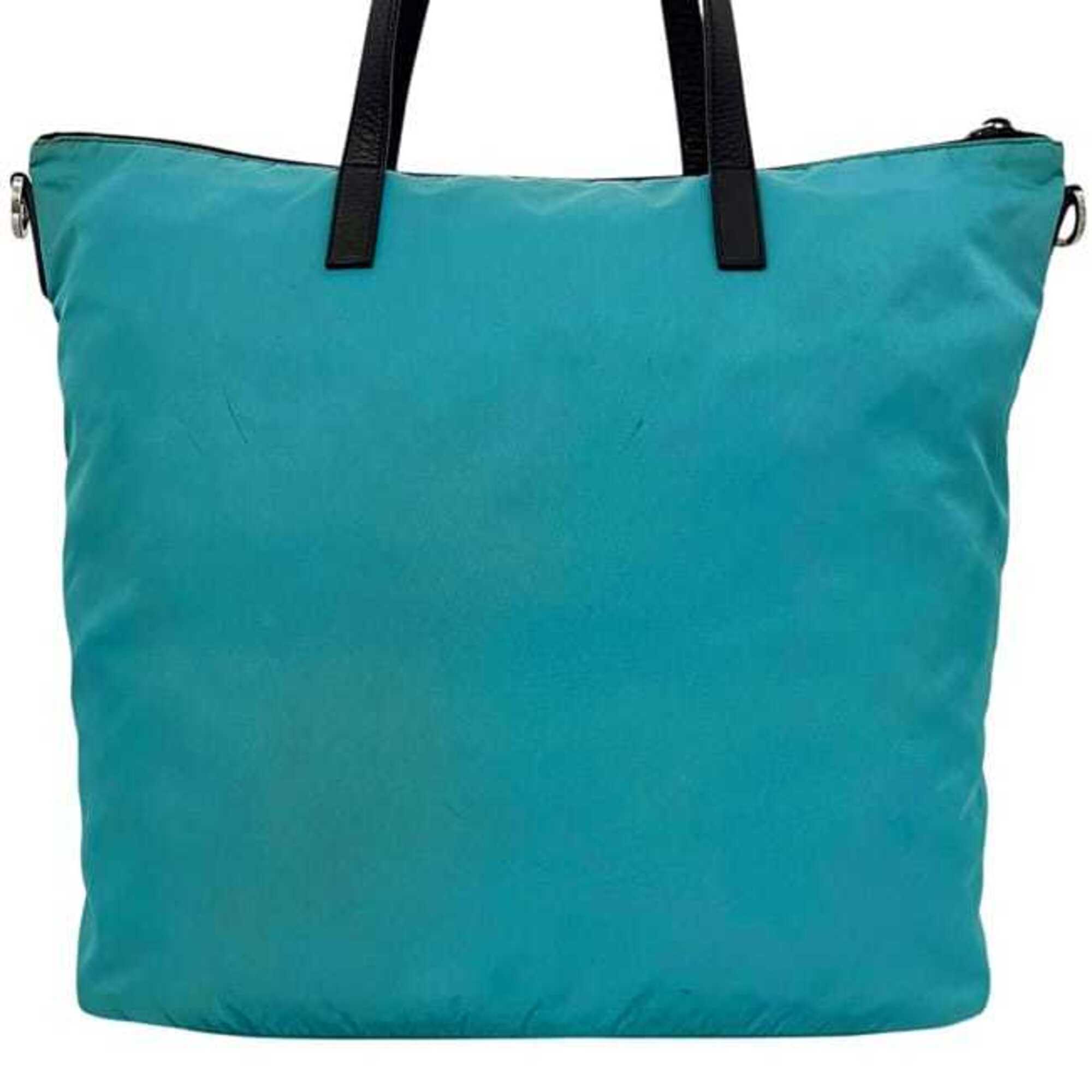 Prada Light Blue Nylon Leather Shoulder Bag Tote Bag (Pre-Owned)