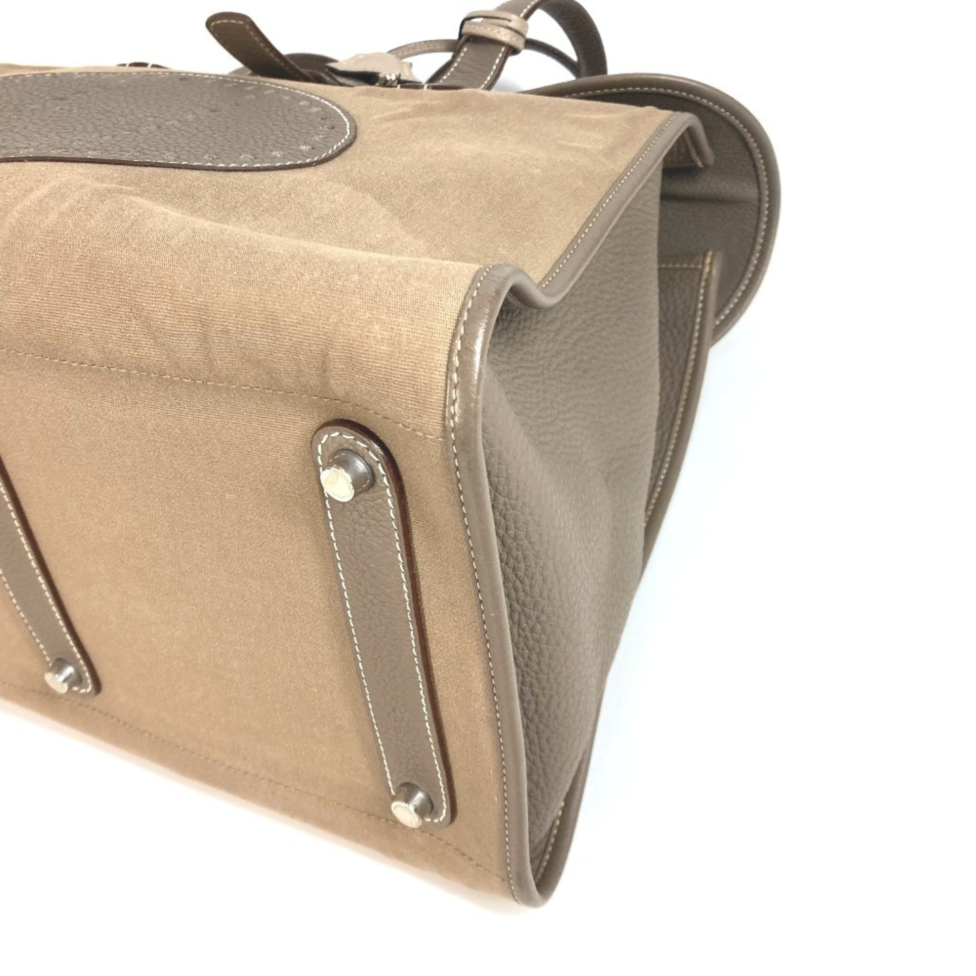 Hermes Gray Leather Canvas Boston Bag Handbag Tote Bag (Pre-Owned)