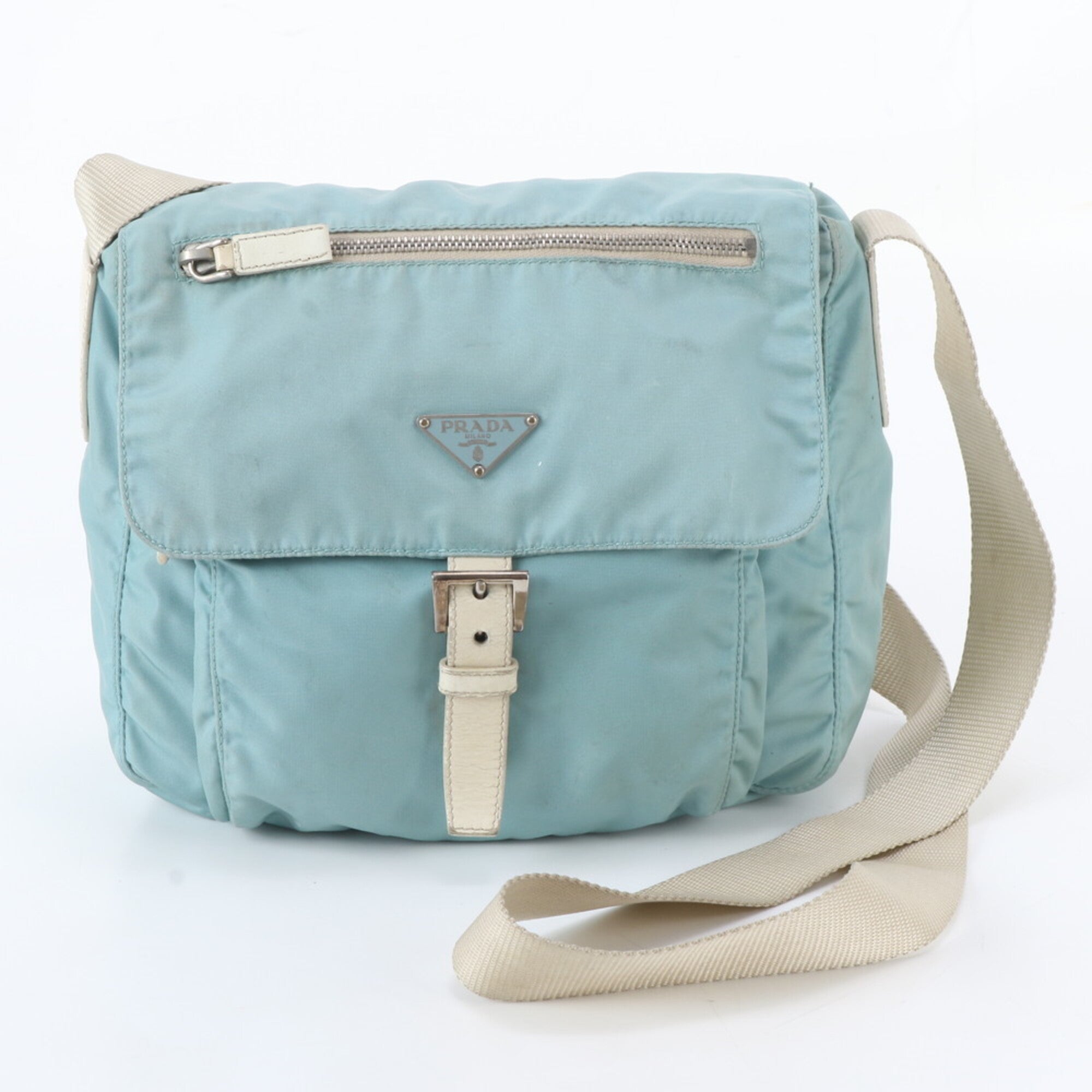 Prada Beige Blue Nylon Leather Shoulder Bag (Pre-Owned)