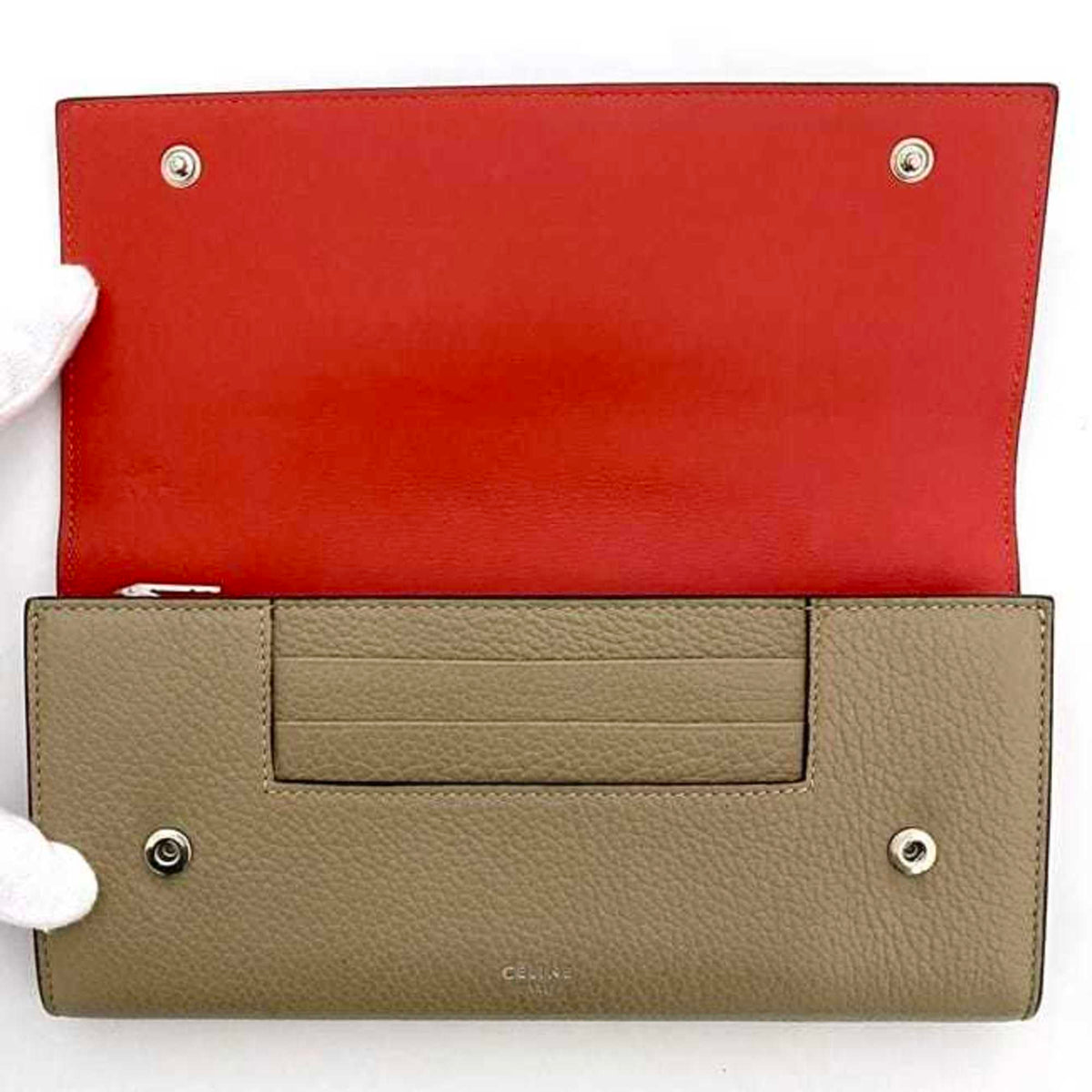 Celine Beige Red Color Leather Long Wallet (Bi-Fold) (Pre-Owned)