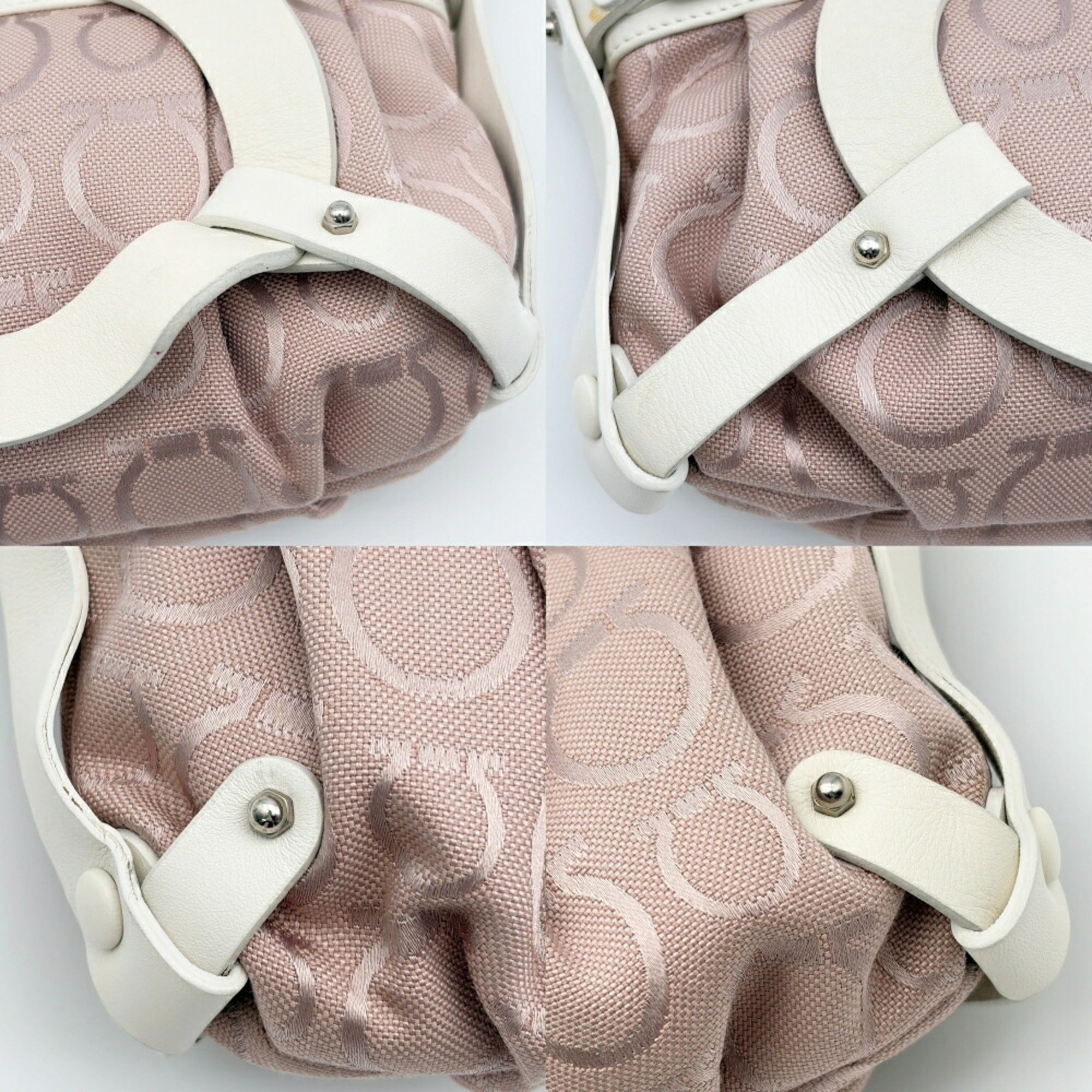 Salvatore Ferragamo Pink White Canvas Leather Shoulder Bag (Pre-Owned)