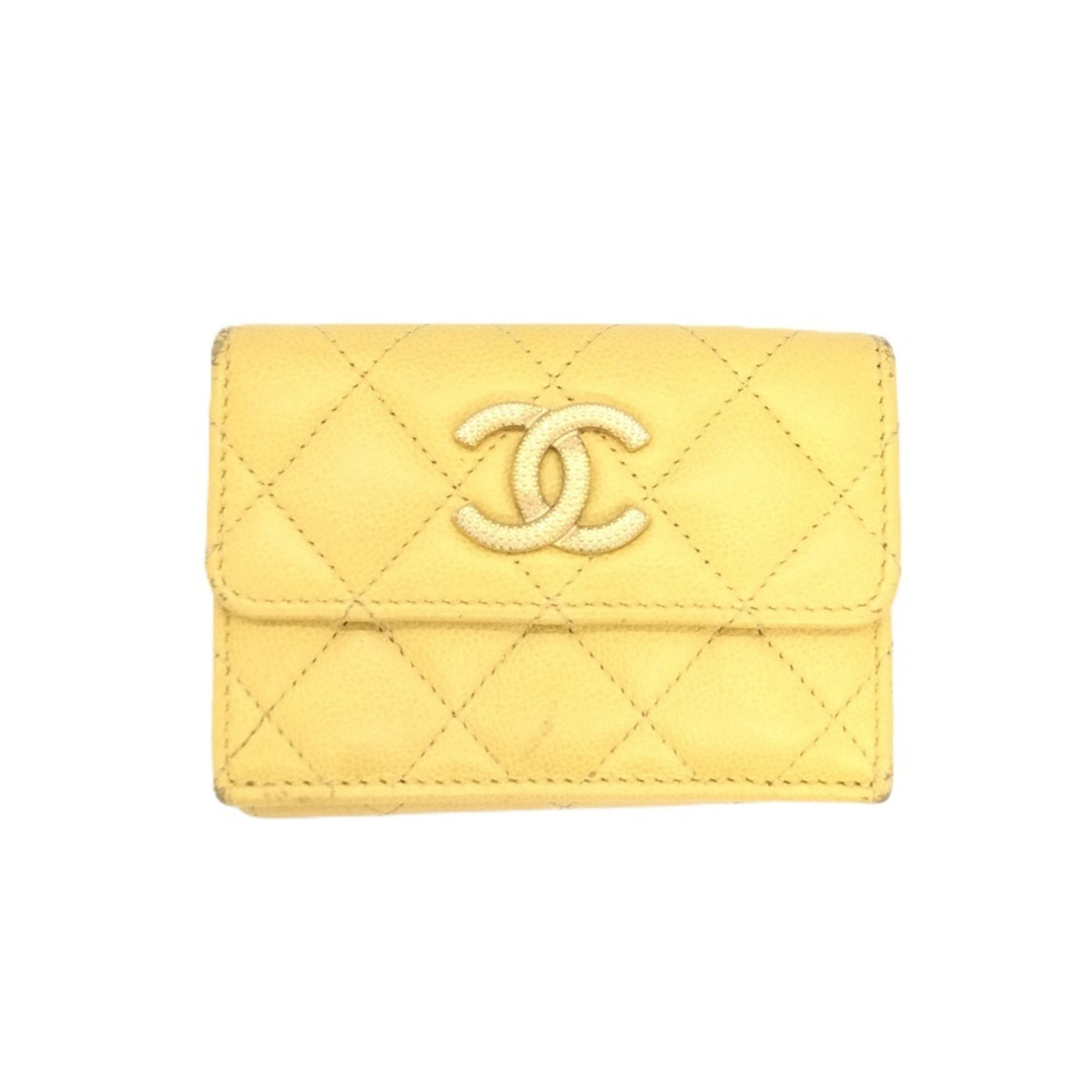 Chanel Yellow Grained Calfskin Wallet (Tri-Fold) (Pre-Owned)