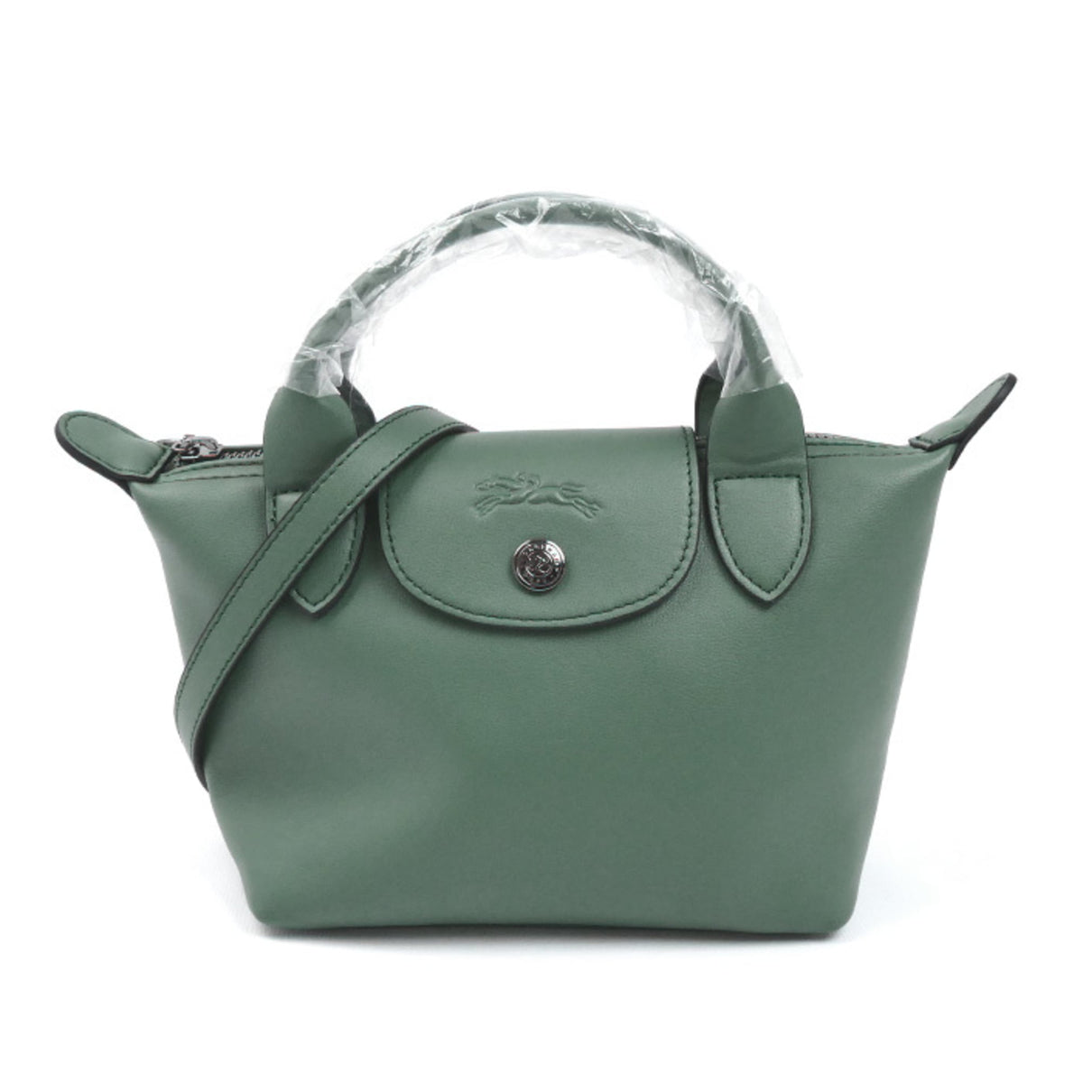 Longchamp Le Pliage Green Leather Shoulder Bag (Pre-Owned)