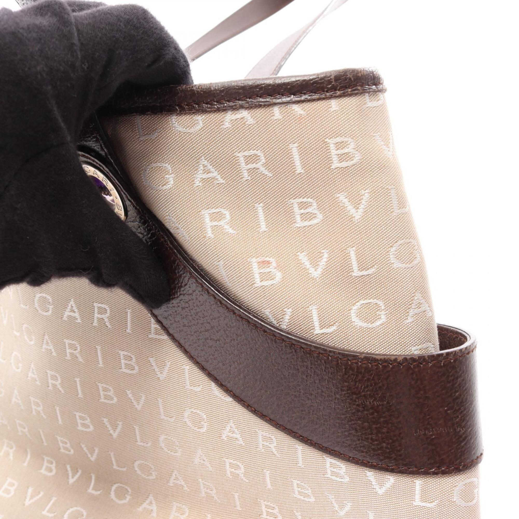 Bvlgari Beige Brown Canvas Leather Handbag Tote Bag (Pre-Owned)