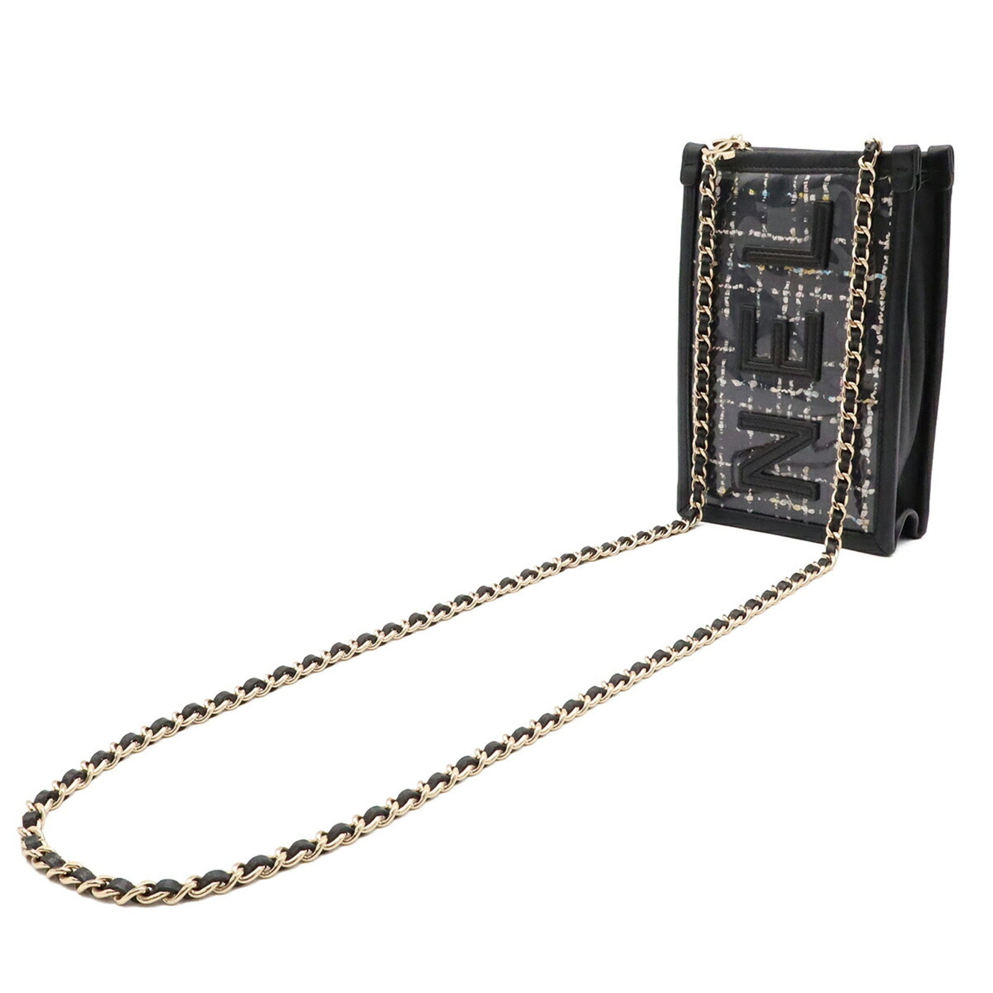Chanel Black Clear Multi-Color Tweed Leather Vinyl Pochette Shoulder Bag (Pre-Owned)
