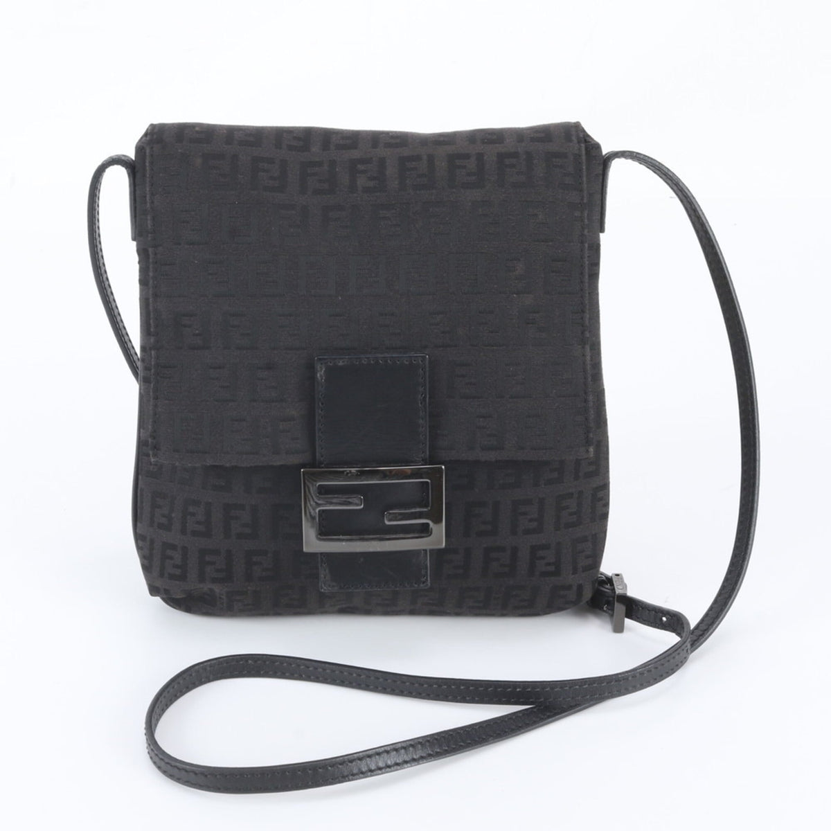 Fendi Black Leather Canvas Crossbody Bag Handbag Shoulder Bag Tote Bag (Pre-Owned)