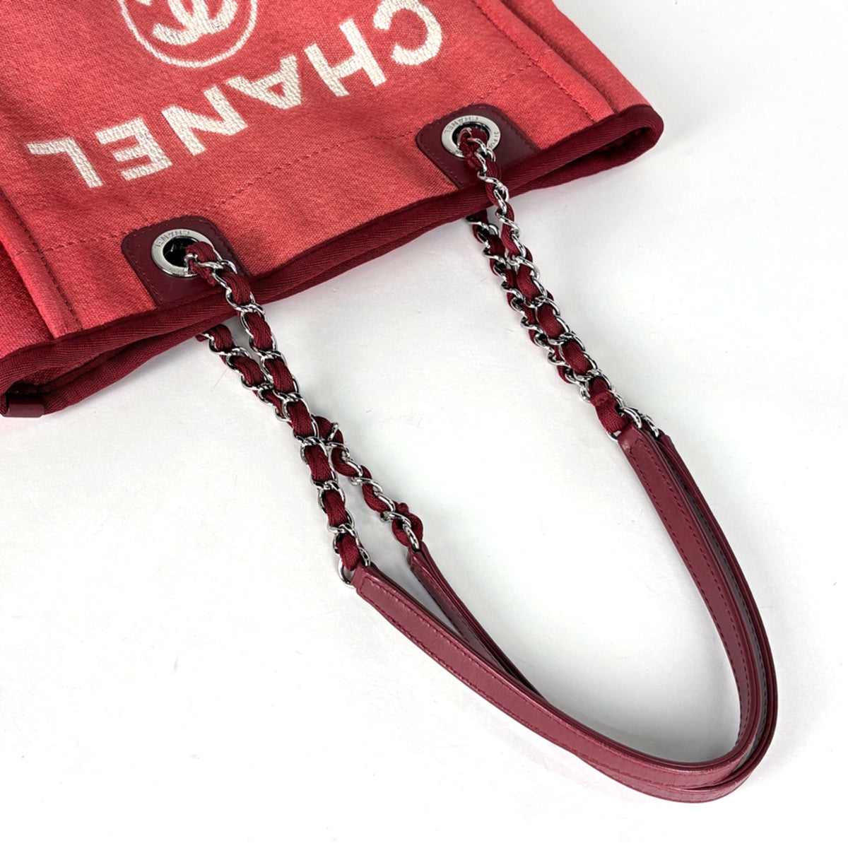 Chanel Deauville Red Color Canvas Leather Tote Bag (Pre-Owned)