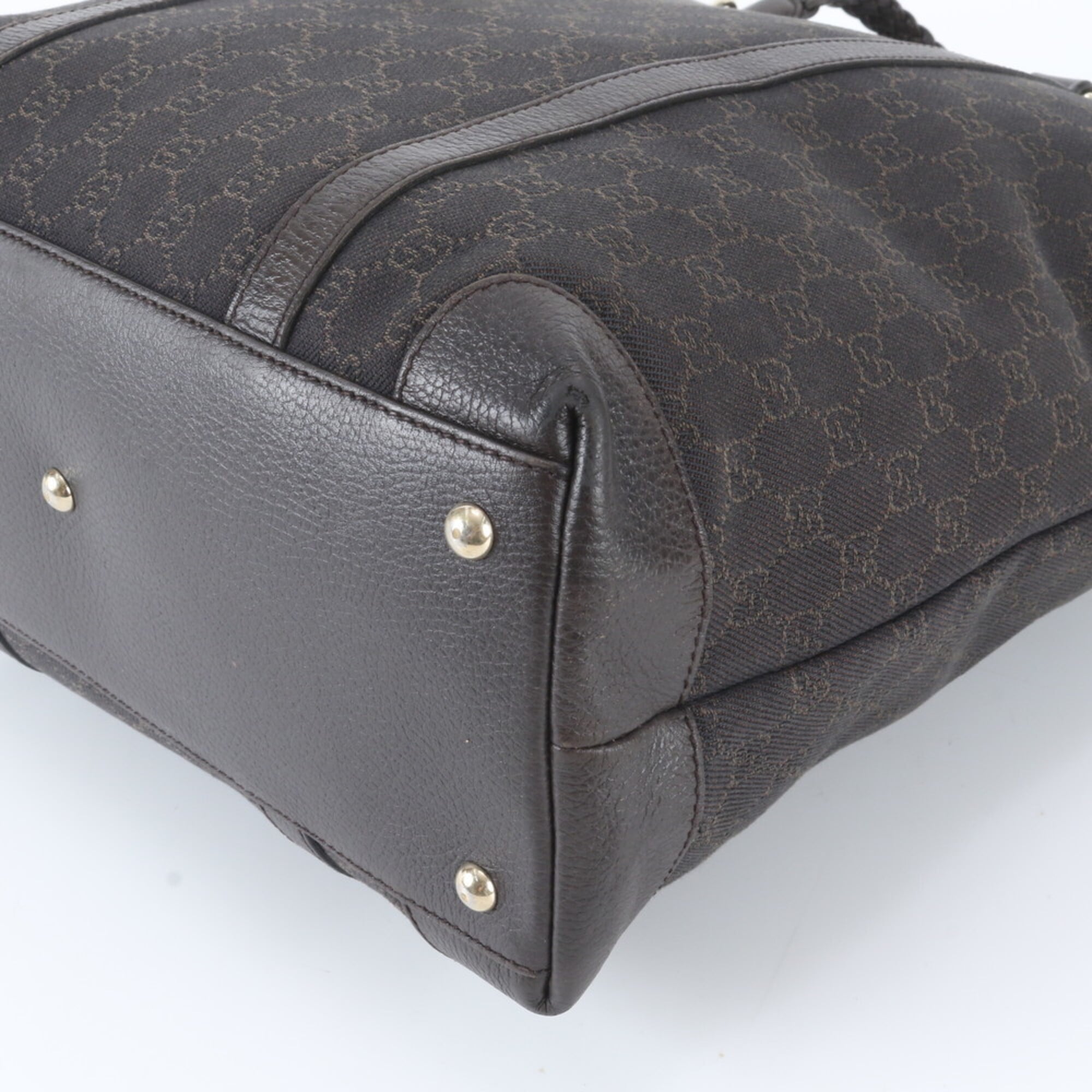 Gucci Dark Brown Leather Canvas Handbag Shoulder Bag Tote Bag (Pre-Owned)