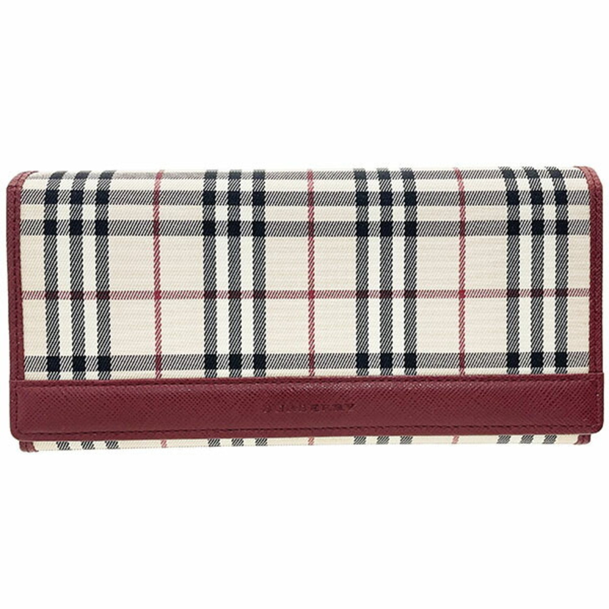 Burberry Beige Wine Canvas Leather Long Wallet (Bi-Fold) (Pre-Owned)