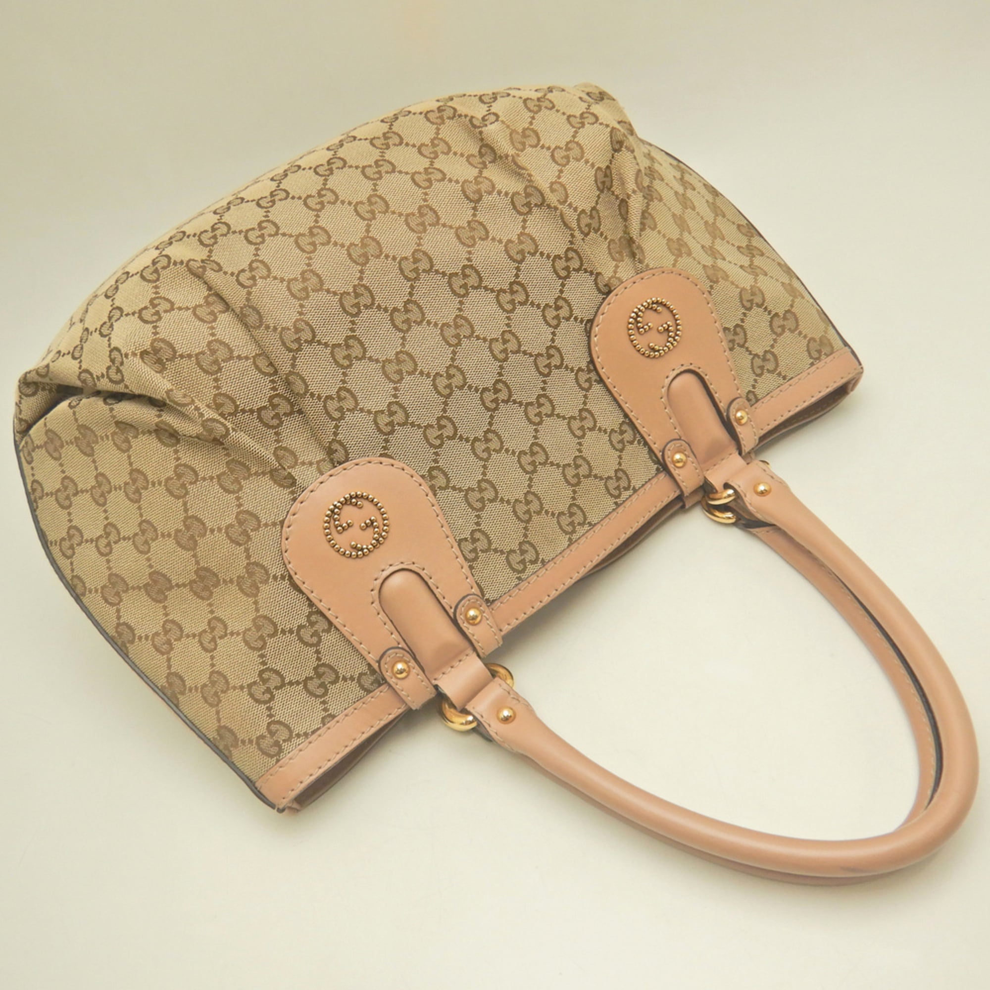 Gucci Beige Yellow Gg Canvas Leather Tote Bag (Pre-Owned)